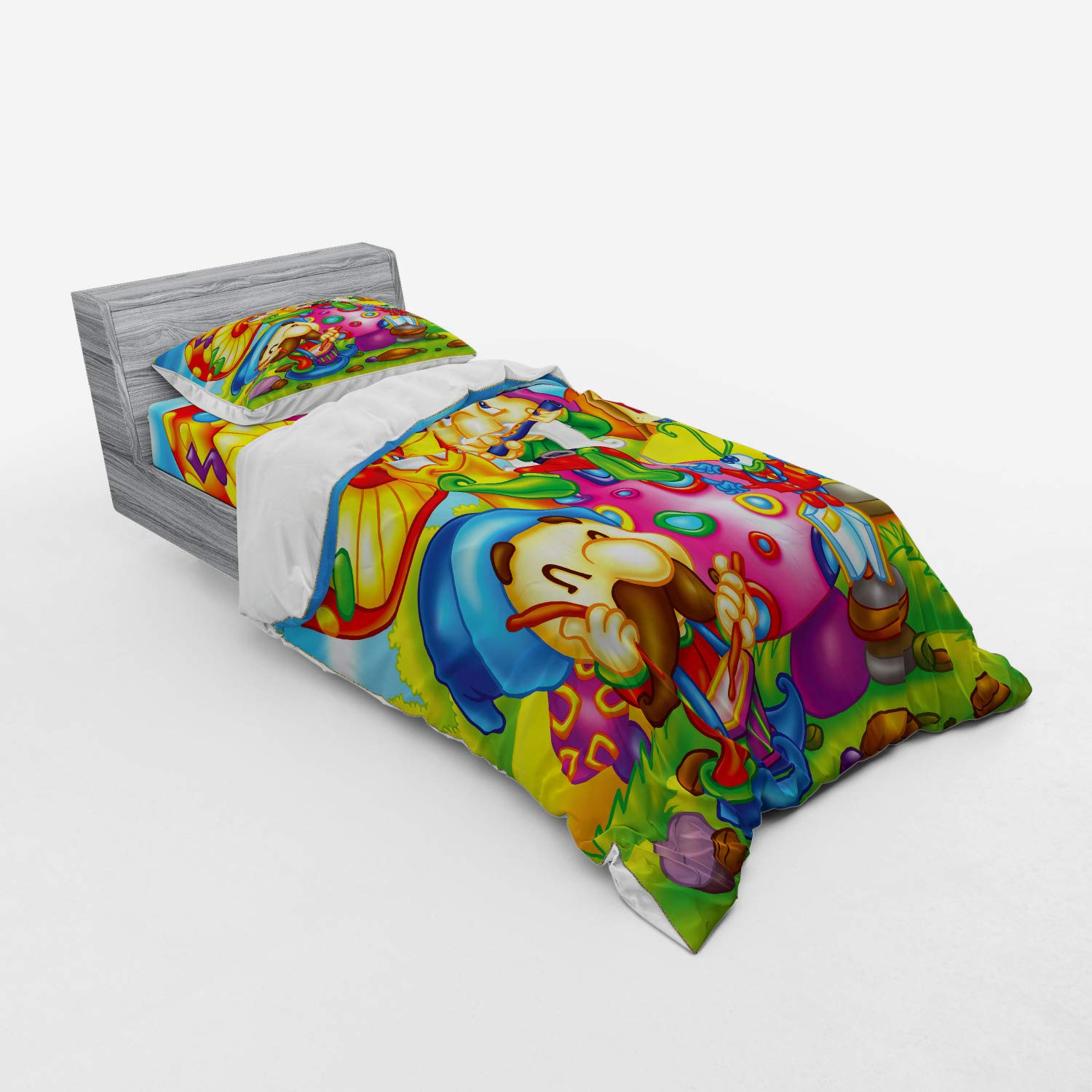Ambesonne Fantasy Duvet Cover Set - Cartoon Singing Elves with Mushroom Playing Flute Cheerful Illustration | 3-Piece Twin Size Bedding Set with Sham & Fitted Sheet | Perfect for Kids' Rooms, Christmas Decor & Whimsical Bedroom Themes