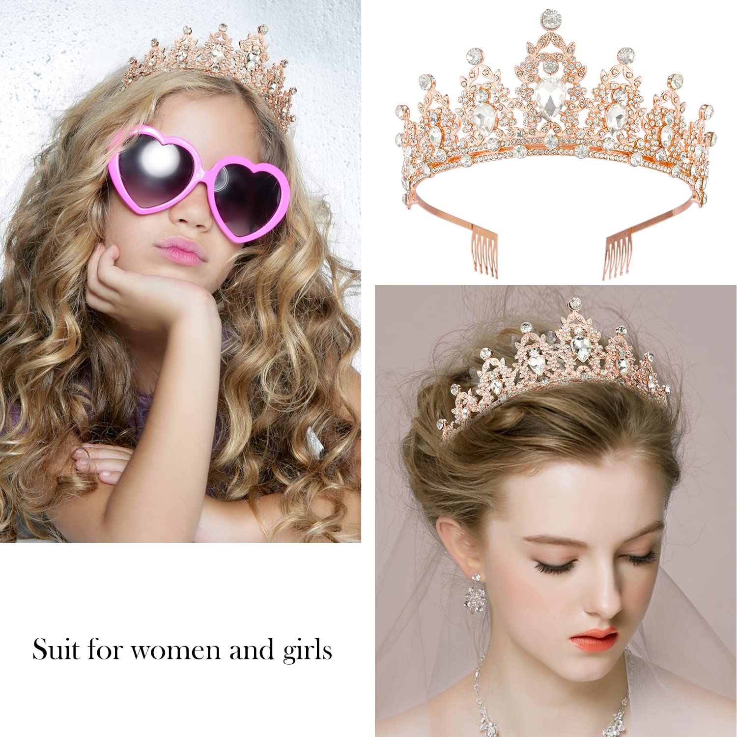 SuPoo Rose Gold Rhinestone Birthday Crown & Sash Set for Women - Sparkling Crystal Tiara Headband with Comb & Glitter Girls Sash - Perfect for Quinceañera, Birthday Parties, Bachelorette, and Special Occasion Decorations