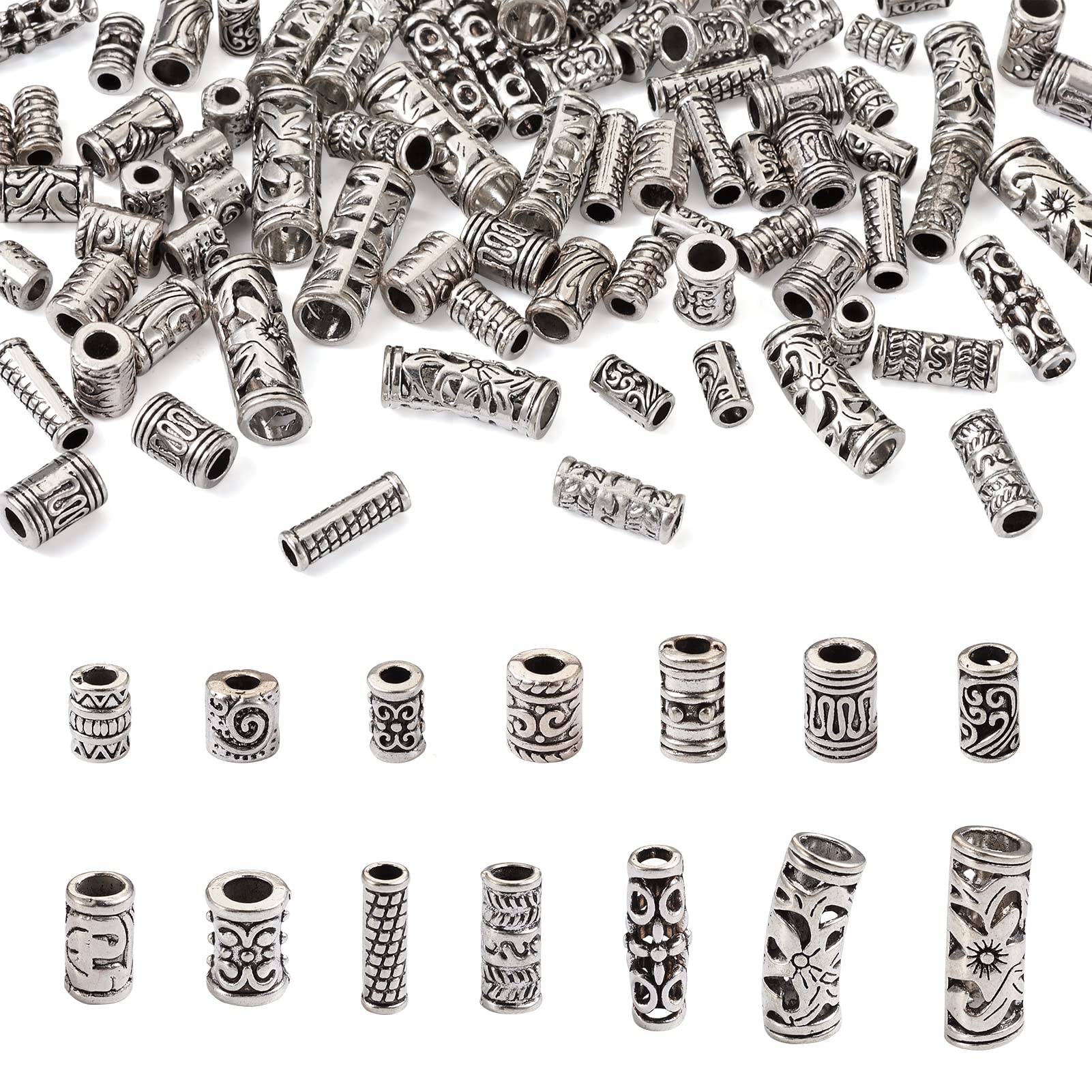 KISSITTY 280pcs Tibetan Style Spacer Beads - Antique Silver Metal Tube Beads for DIY Jewelry Making (Bracelets, Earrings, Necklaces) | 14 Styles Bulk Loose Beads | Perfect for Boho, Ethnic & Handmade Jewelry Designs