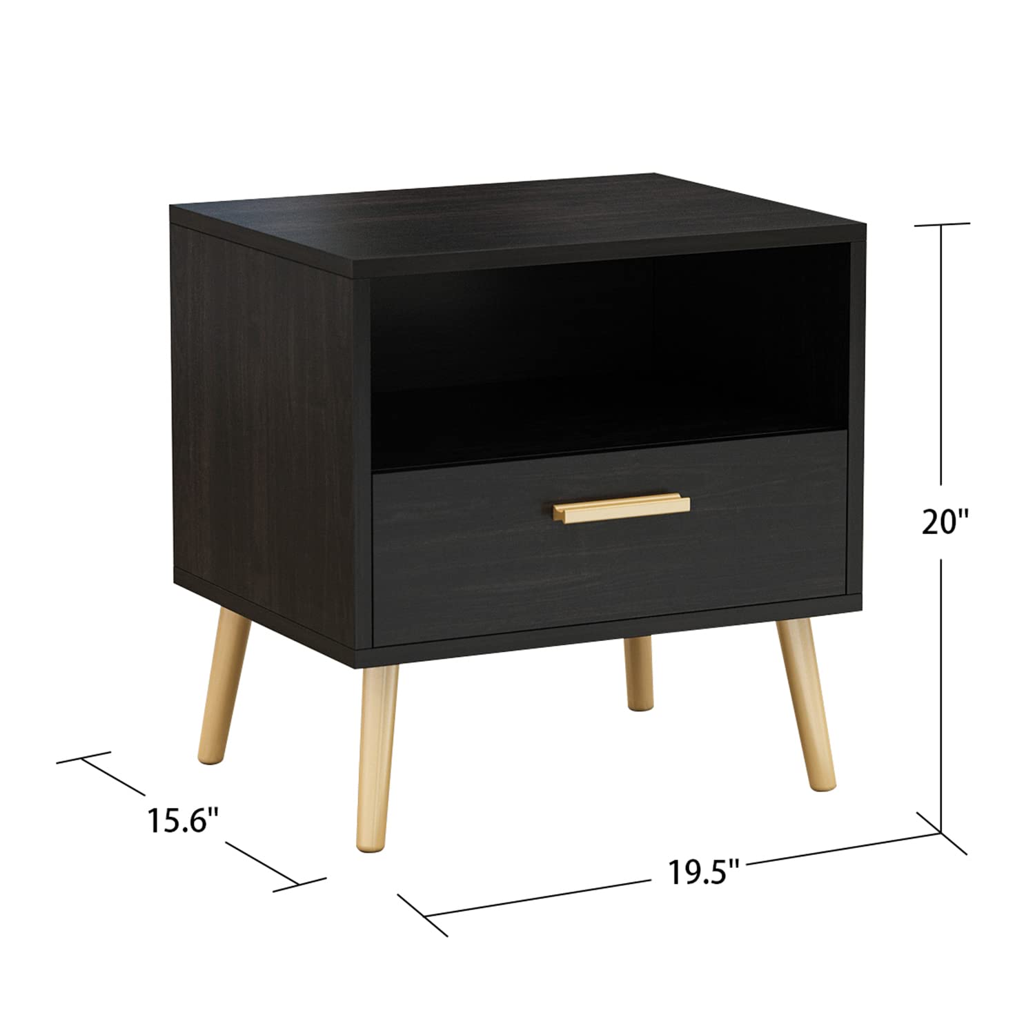 Modern Nightstand Set of 2 - Bedside Table with Drawer & Open Shelf, Gold Metal Legs End Table for Bedroom & Living Room, Black (19.5”L x 15.6”W x 20”H) - Perfect for Small Spaces, Apartment Decor & Guest Room Furniture