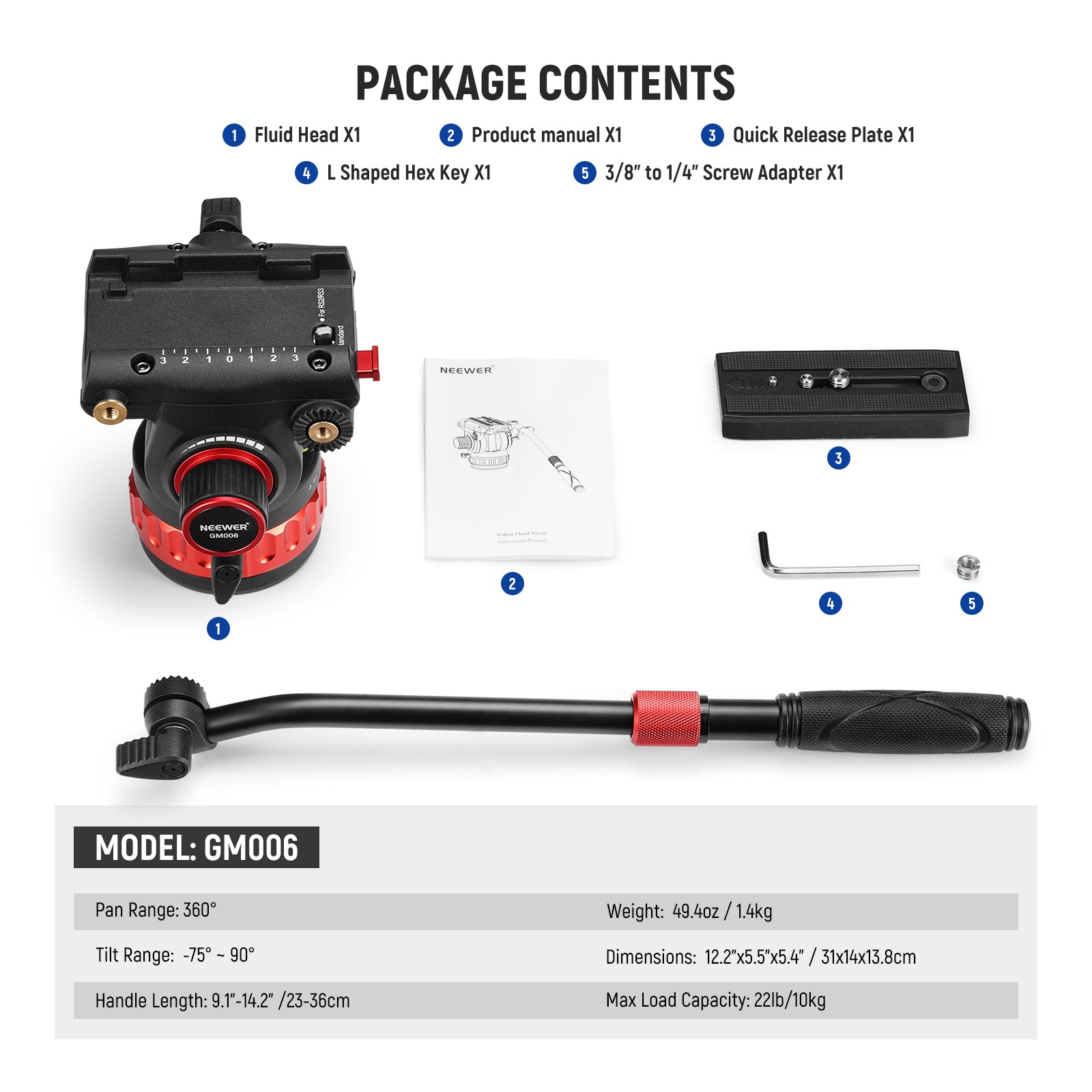 NEEWER GM006 Pro Video Tripod Fluid Head - Professional Aluminum Alloy Camera Tripod with Smooth Pan & Tilt for DSLR Camcorders - Perfect for Vlogging, Live Streaming & Film Making