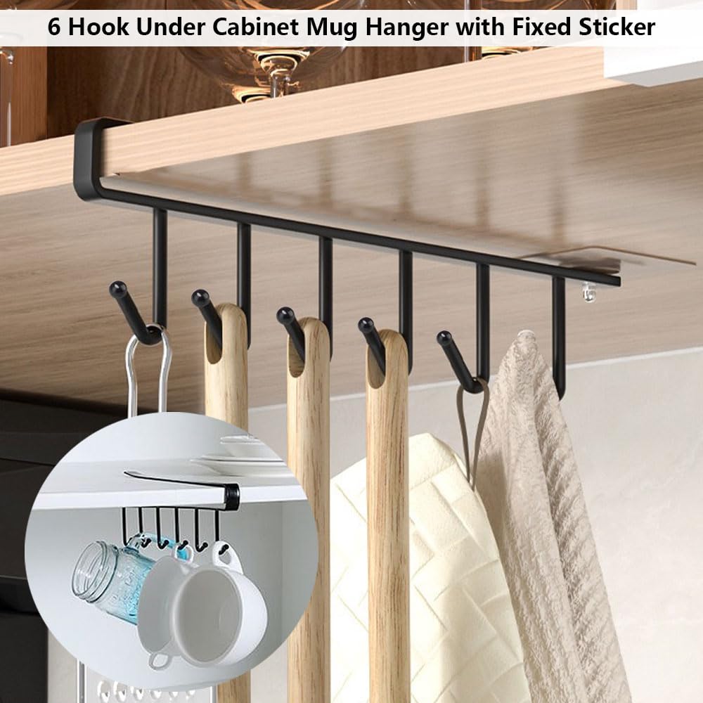 2 Pack Under Cabinet Mug Hooks Rack - No Drill Cup Holder Hanger with Adhesive Stickers (6 Hooks) for Mugs, Ties, Belts & Scarfs - Space Saving Kitchen Organizer for Coffee Cups, Utensils & Accessories
