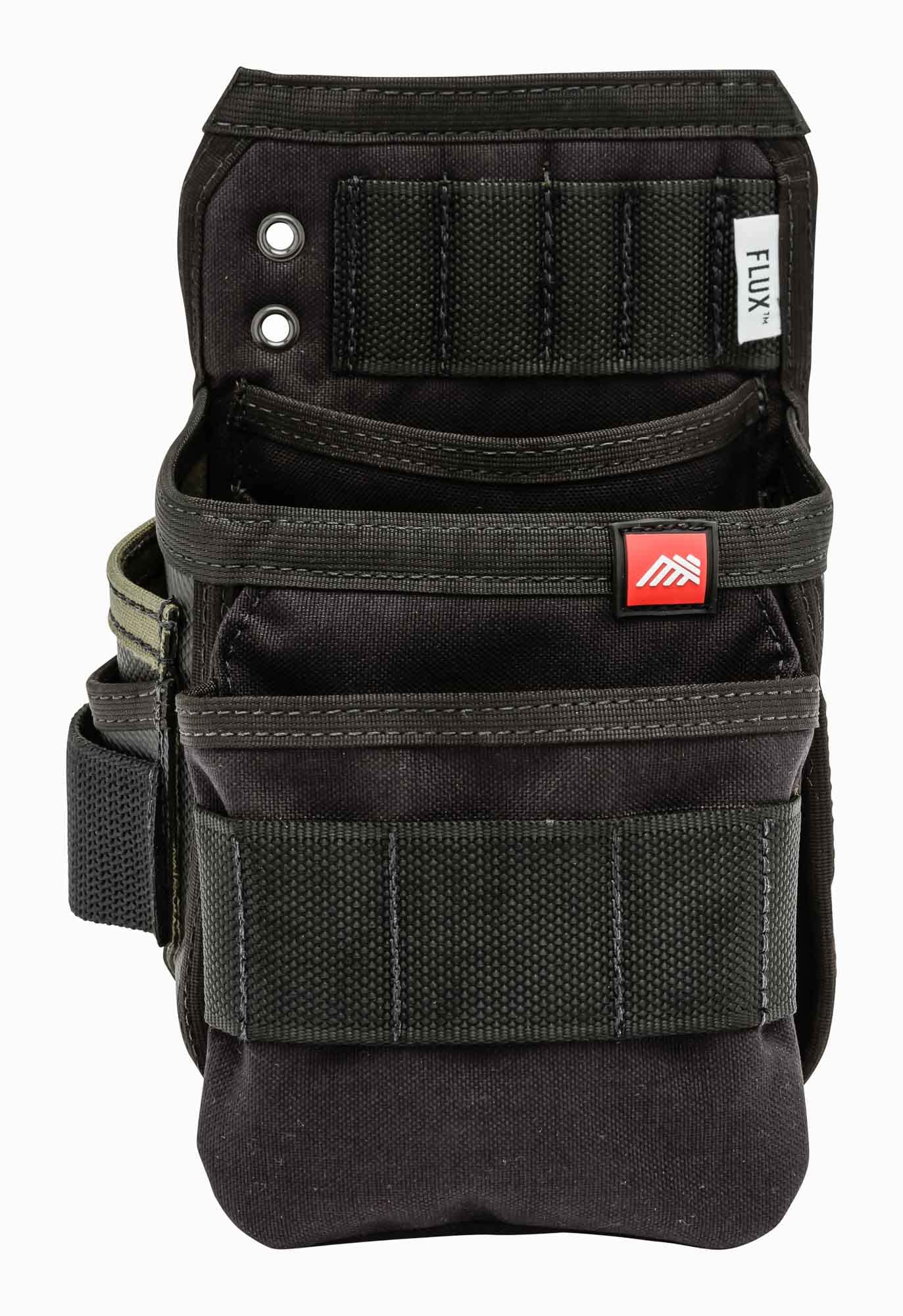 Diamondback Flux Professional Tool Pouch - Black | Heavy Duty Work Belt Pouch for Electricians, Carpenters & Tradesmen | 2 Main Pockets + 5 Tool Slots + Drill Bit Holder | 5