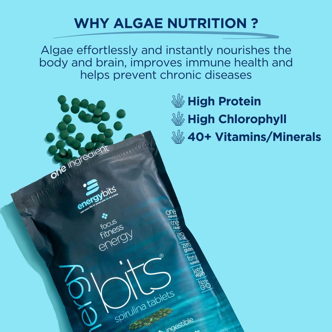 ENERGYBITS Organic Spirulina Tablets | Plant-Based Algae Superfood for Focus, Energy & Fitness | Vegan Protein with Collagen, Vitamin B12 & Omega-3 | Gluten-Free, Keto-Friendly | 1000 Tablets for Athletes, Busy Professionals & Health Enthusiasts