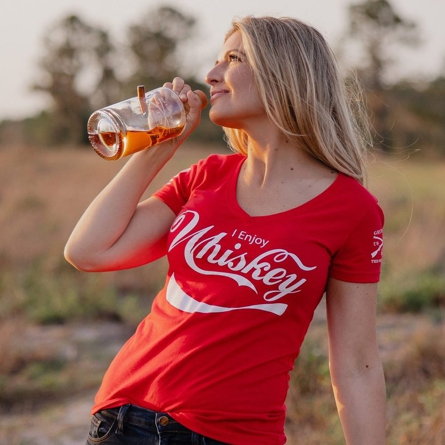 Women's Enjoy Whiskey V-Neck T-Shirt - Soft Red Casual Tee for Women | Perfect for Bar Nights, Girls' Outings & Casual Wear