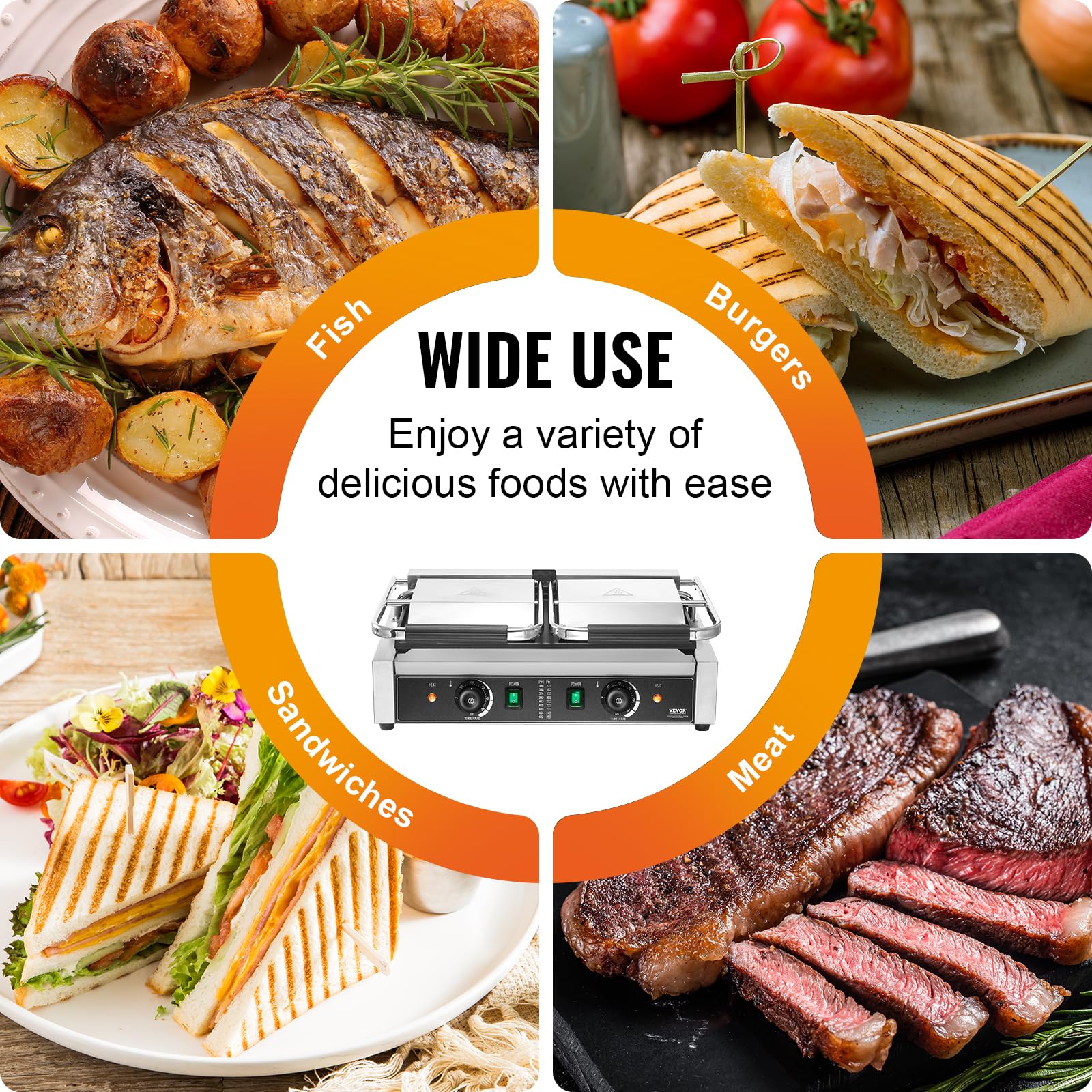 VEVOR 3600W Commercial Electric Panini Grill Press, Stainless Steel Double Sandwich Maker with Temperature Control & 19
