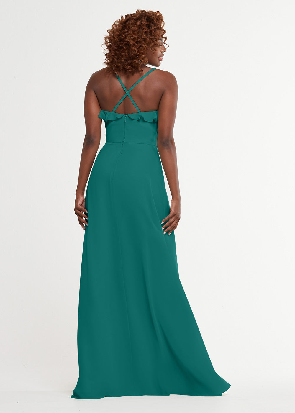 Elegant 80174 Chiffon A-Line Bridesmaid Dress with Ruffles & High Slit - Perfect for Weddings, Prom & Formal Events