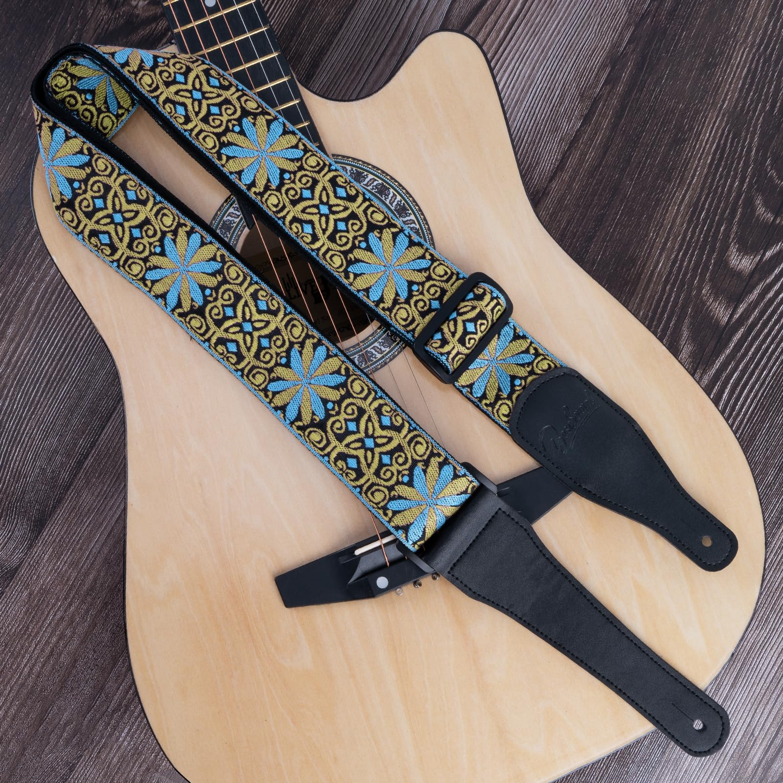 Premium Jacquard Embroidered Cotton Guitar Strap with Genuine Leather Ends - Adjustable Shoulder Strap for Bass, Acoustic & Electric Guitars - Perfect for Live Performances, Studio Sessions & Music Practice