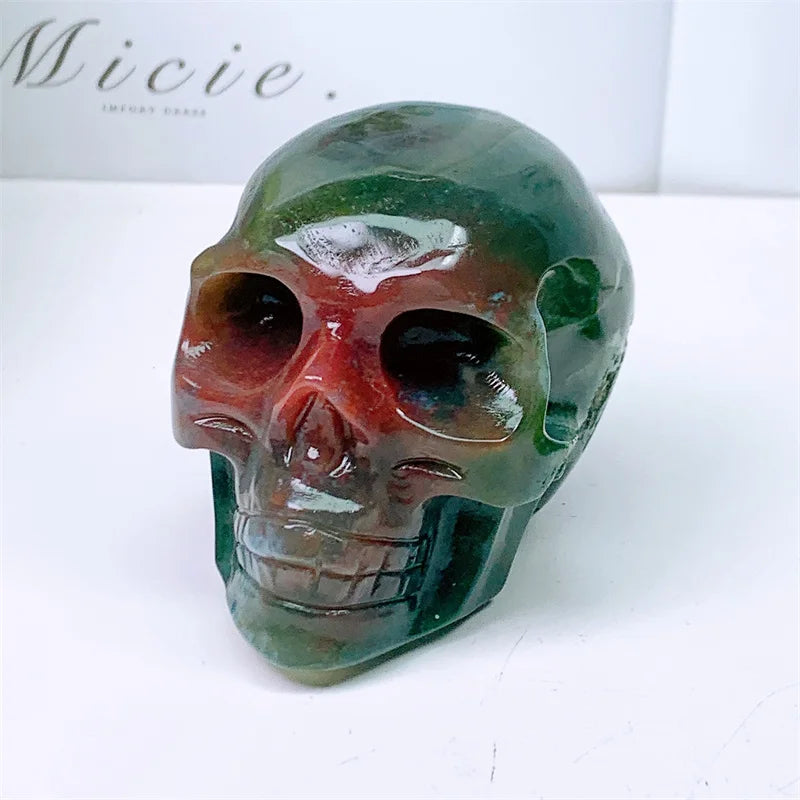 Natural Moss Agate Skull Carving Sculpture - Healing Crystal Gemstone Art for Home Decor, Meditation & Spiritual Healing - 1 Piece (399g) | Perfect for Yoga Spaces, Altars & Gothic Home Décor