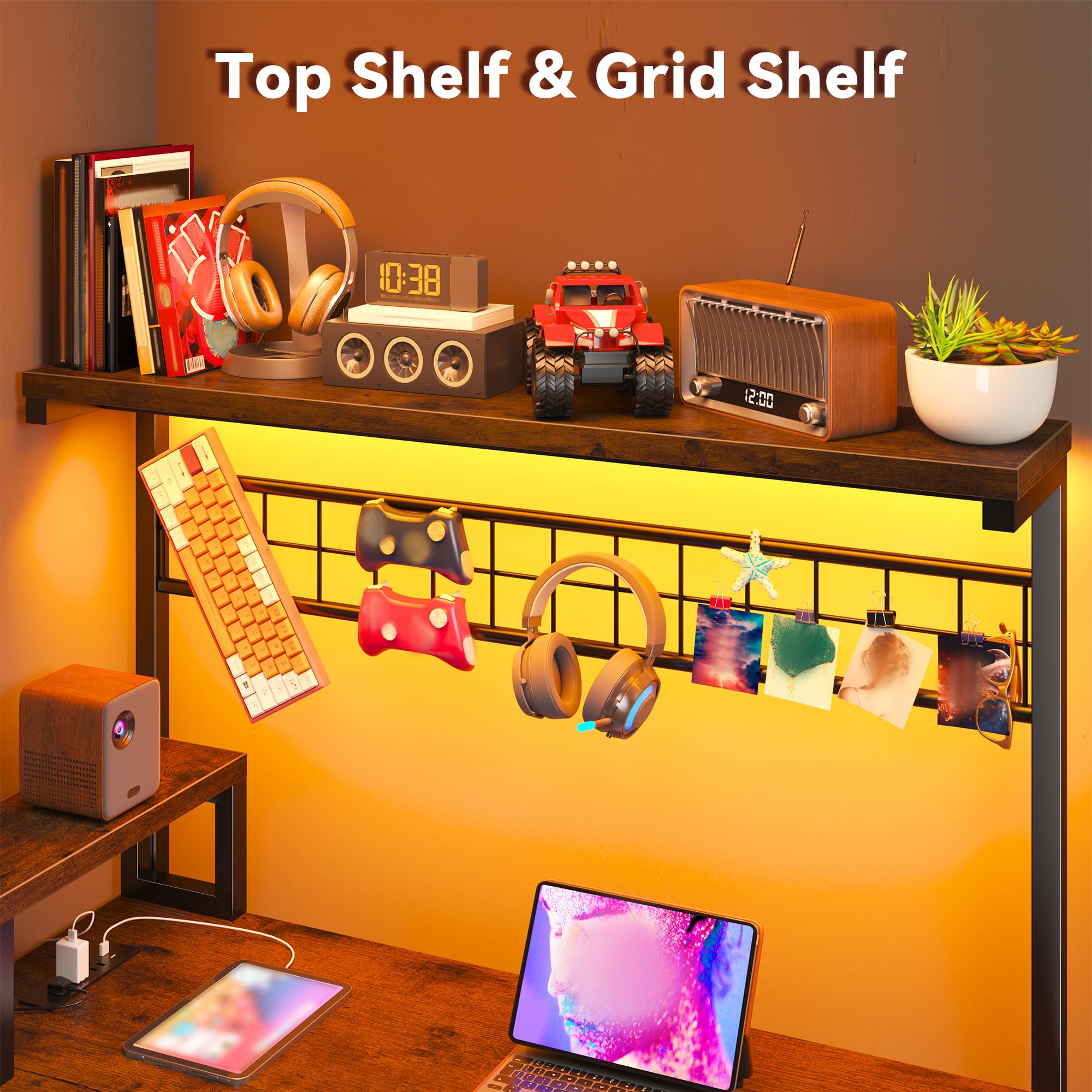 EnHomee L-Shaped Gaming Desk with Shelves, LED Lights & Power Outlets - Rustic Brown Computer Workstation for Home Office & Gaming Setup