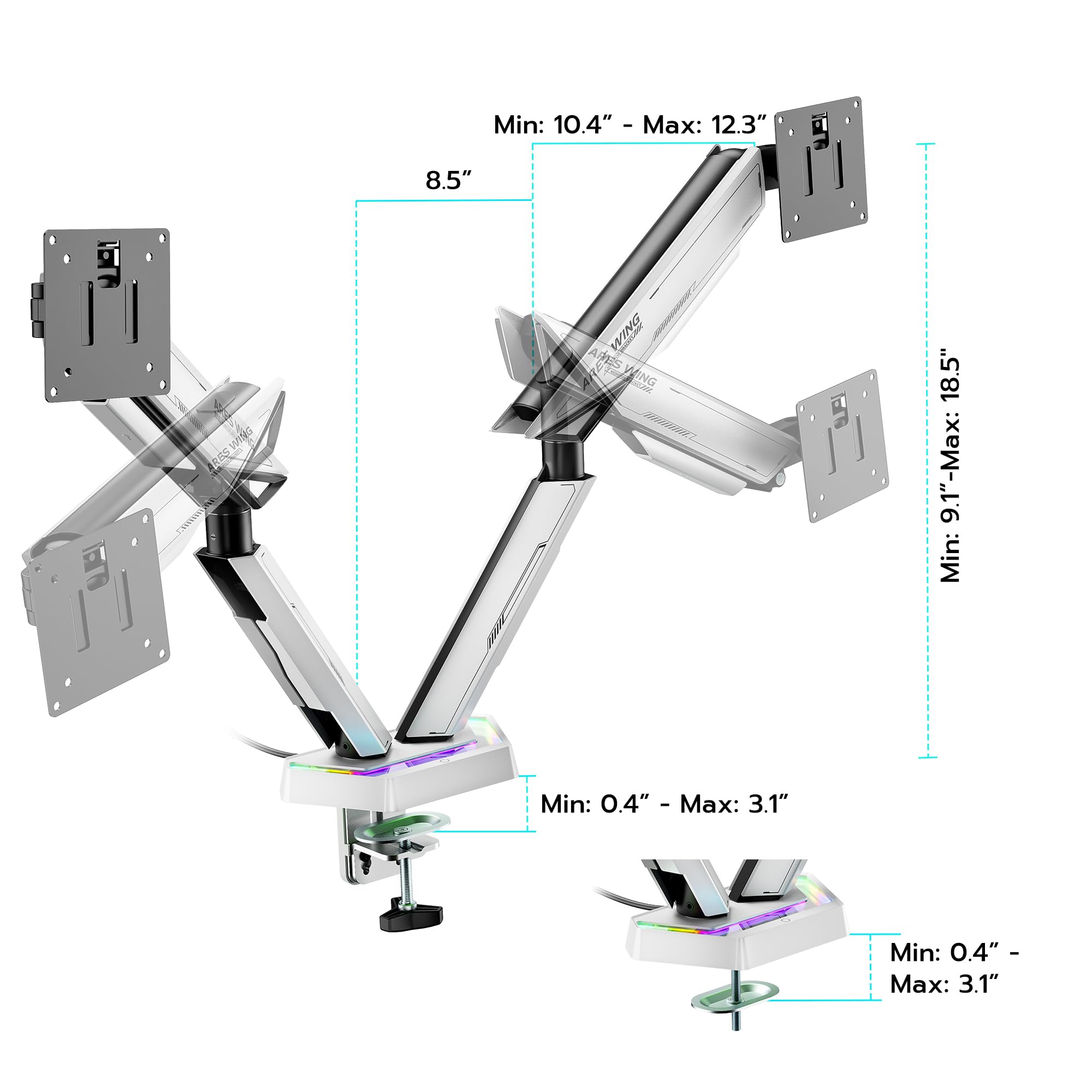 ARES WING RGB Dual Monitor Arm Stand for 17-38