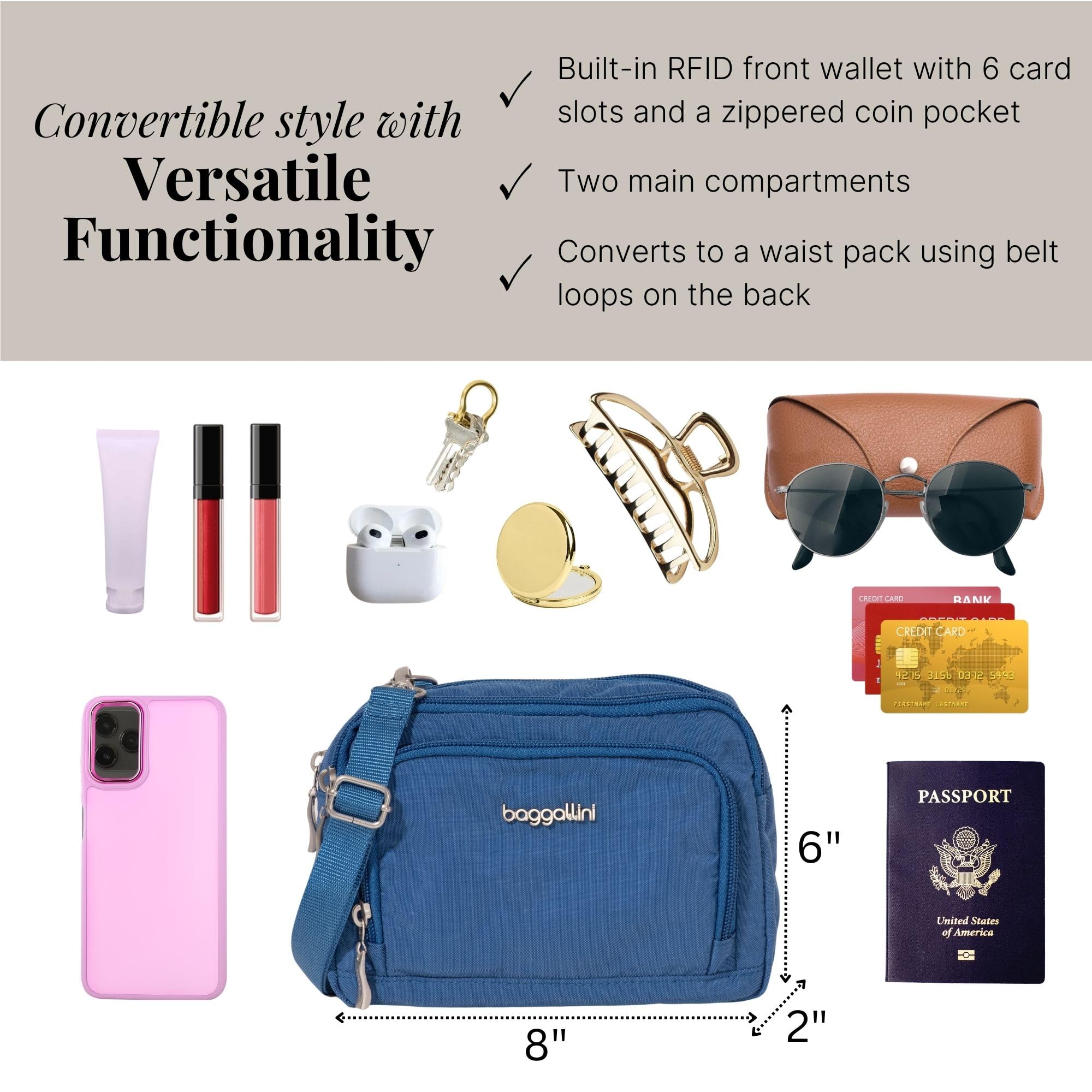 Baggallini RFID Blocking Triple Zip Crossbody Bag for Women - 8x6 Inch Convertible Fanny Pack, Waist Bag & Shoulder Purse - Water Resistant Travel Essentials for Shopping, Commuting & Outdoor Adventures