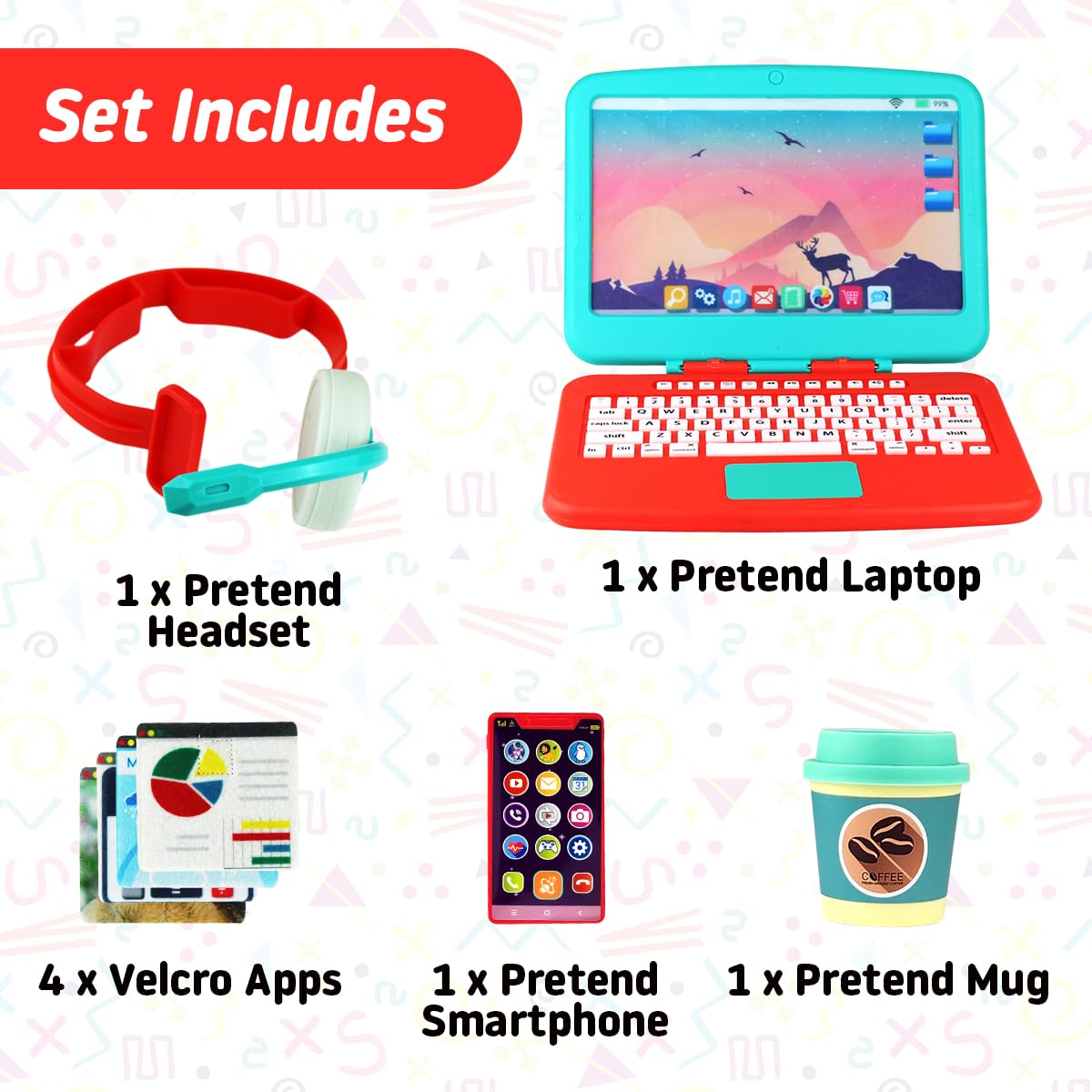 Kids Pretend Play Workstation Set - Toy Office Play Set with Fake Laptop, Toy Phone, Coffee Cup & Headset for Toddlers Ages 3+ | Perfect for Imaginative Play, Role Playing & Early Learning Development