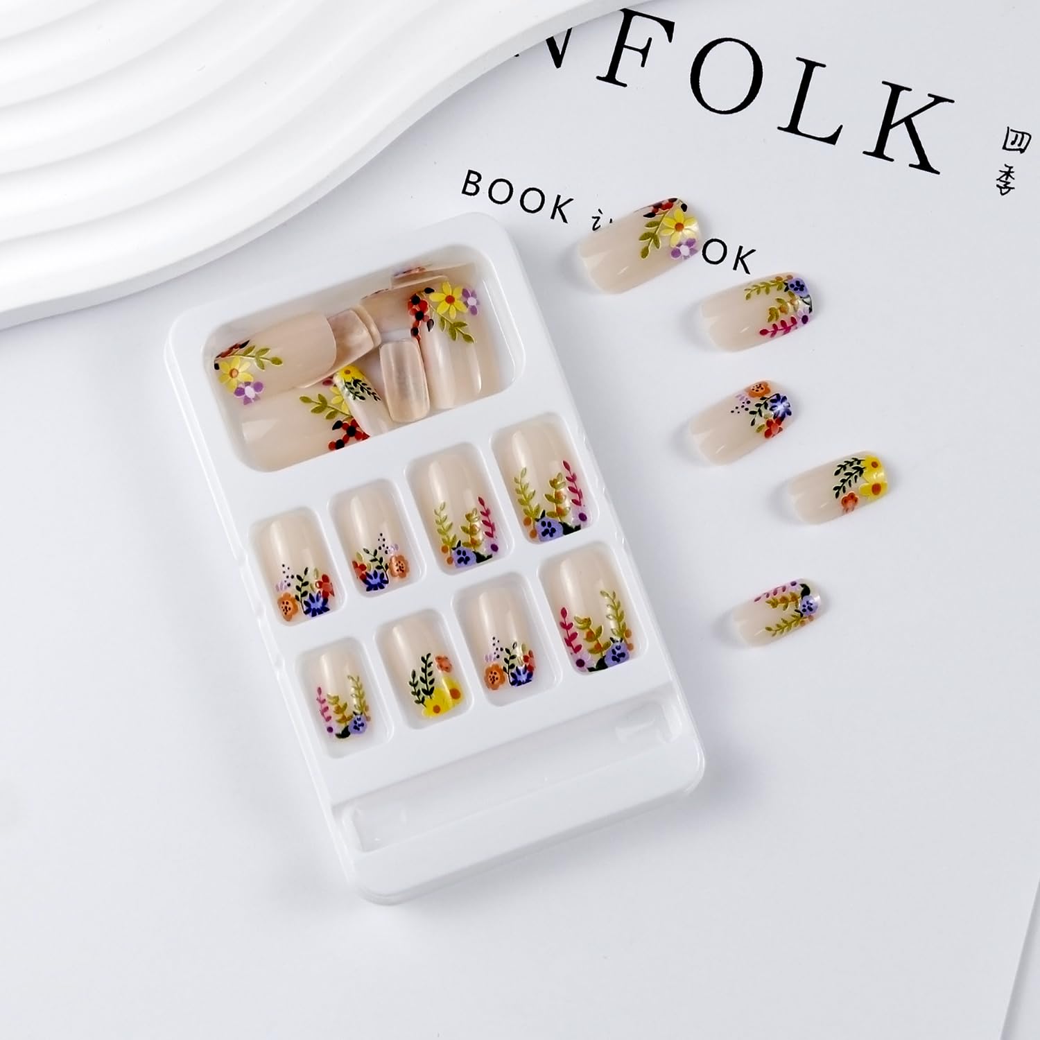 BFY Short Square Press on Nails - Yellow & Blue Floral Design with Green Leaf Accents | Glossy Acrylic Fake Nails Kit (24Pcs, 12 Sizes) | Natural Fit Manicure with Strong Glue | Perfect for Autumn, Halloween, Thanksgiving & Fall Weddings