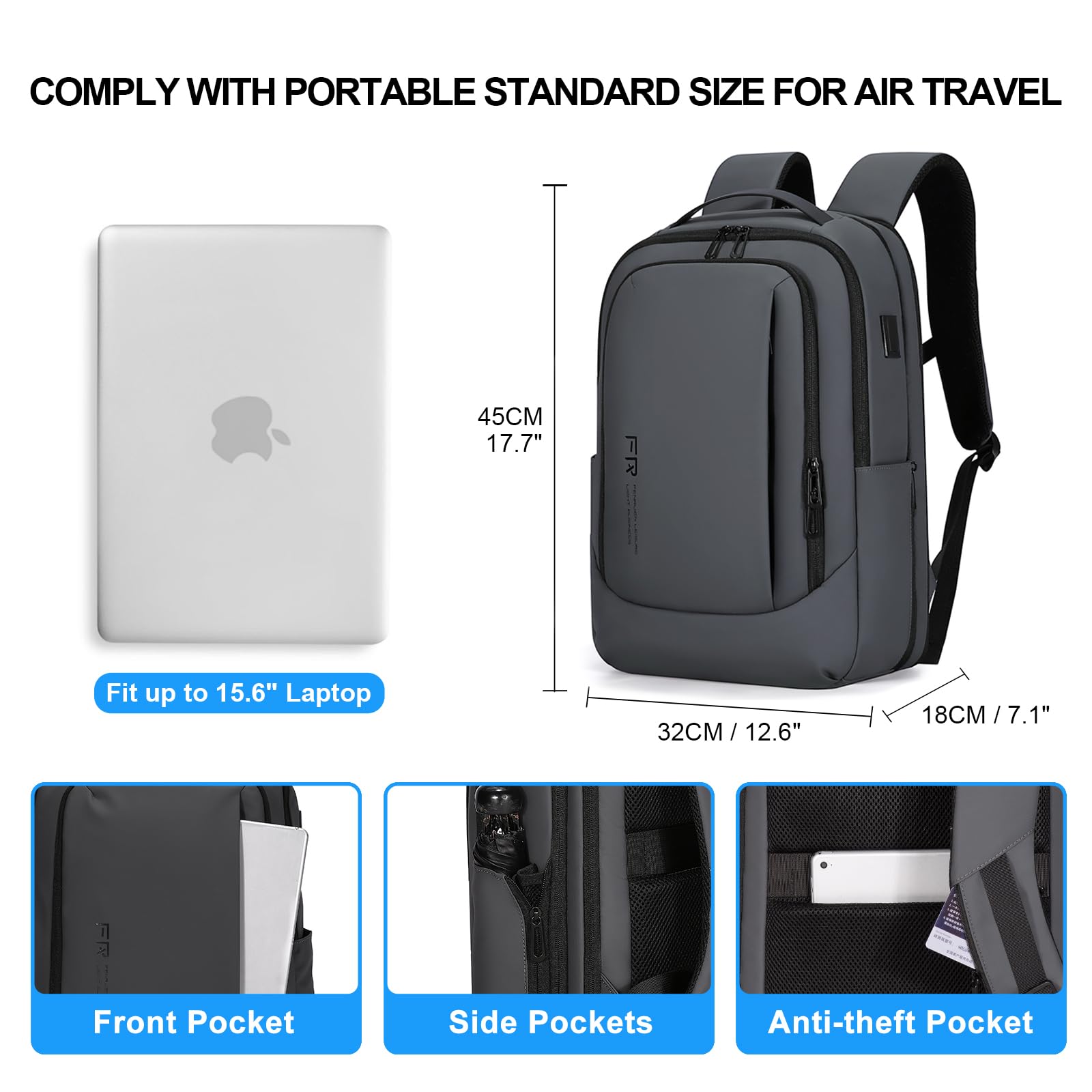 FENRUIEN Expandable Business Travel Backpack with USB Charging Port - 15.6 Inch Laptop Backpack for College, Work & Commuting - Water-Resistant Gray Computer Backpack for Men & Women - Perfect for Business Trips, Daily Office Use & Campus Life