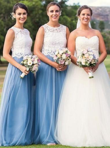 Elegant Illusion Lace Blue Tulle Long Bridesmaid Dress - WG277 | Perfect for Weddings, Prom & Formal Events