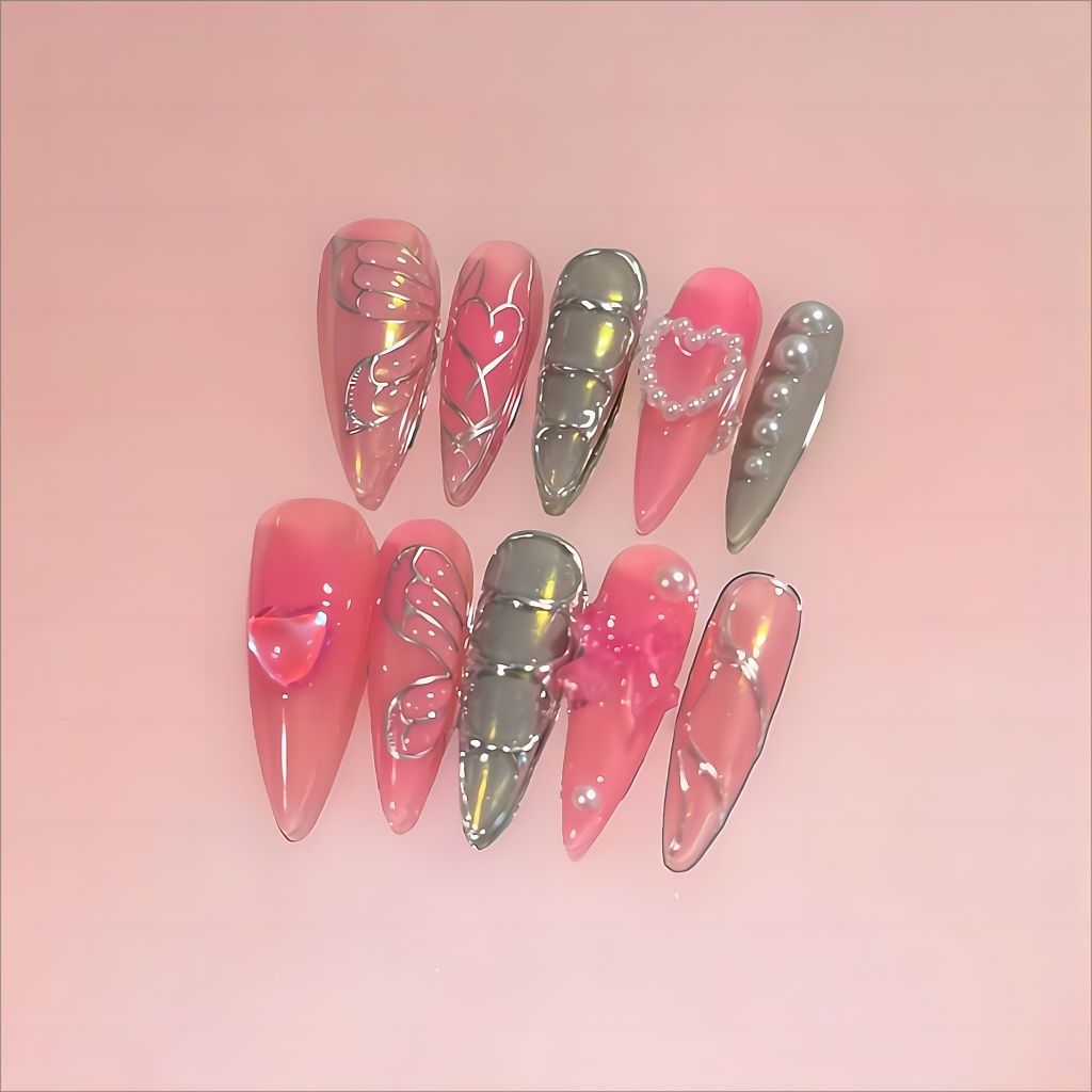 Whimsical Pink Press On Nails - Hand Painted Fake Nails with Floral Designs | Perfect for Parties, Weddings & Special Occasions