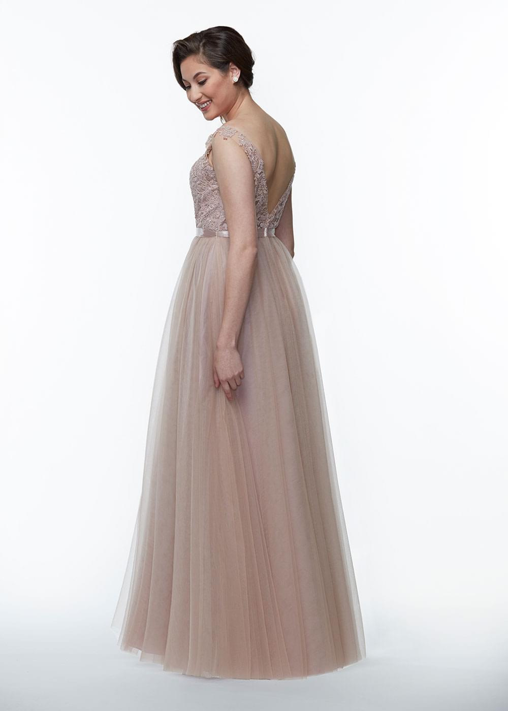 Elegant 80097 A-Line Tulle Bridesmaid Dress with Lace Bodice & Sash - Perfect for Weddings, Prom & Formal Events