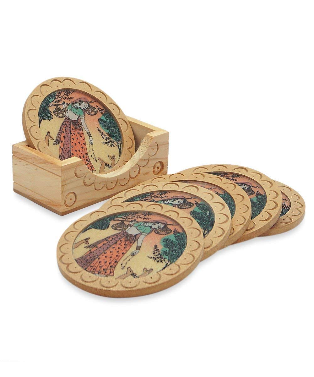 SAUDEEP INDIA Mona Lisa Printed Square Wooden Coaster Set with Holder - Heat Resistant for Hot & Cold Drinks, Coffee Cups, Beer Mugs, Tumblers & Cans - Perfect for Dining Table, Home, Office & Bar Decor