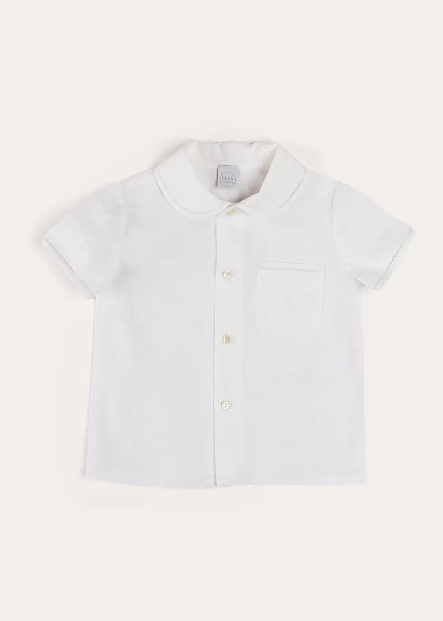 Peter Pan Collar Short Sleeve Blouse for Girls - White Cotton Top with Trim Detail (Size 12 Months to 5 Years) | Perfect for School, Parties & Family Photos