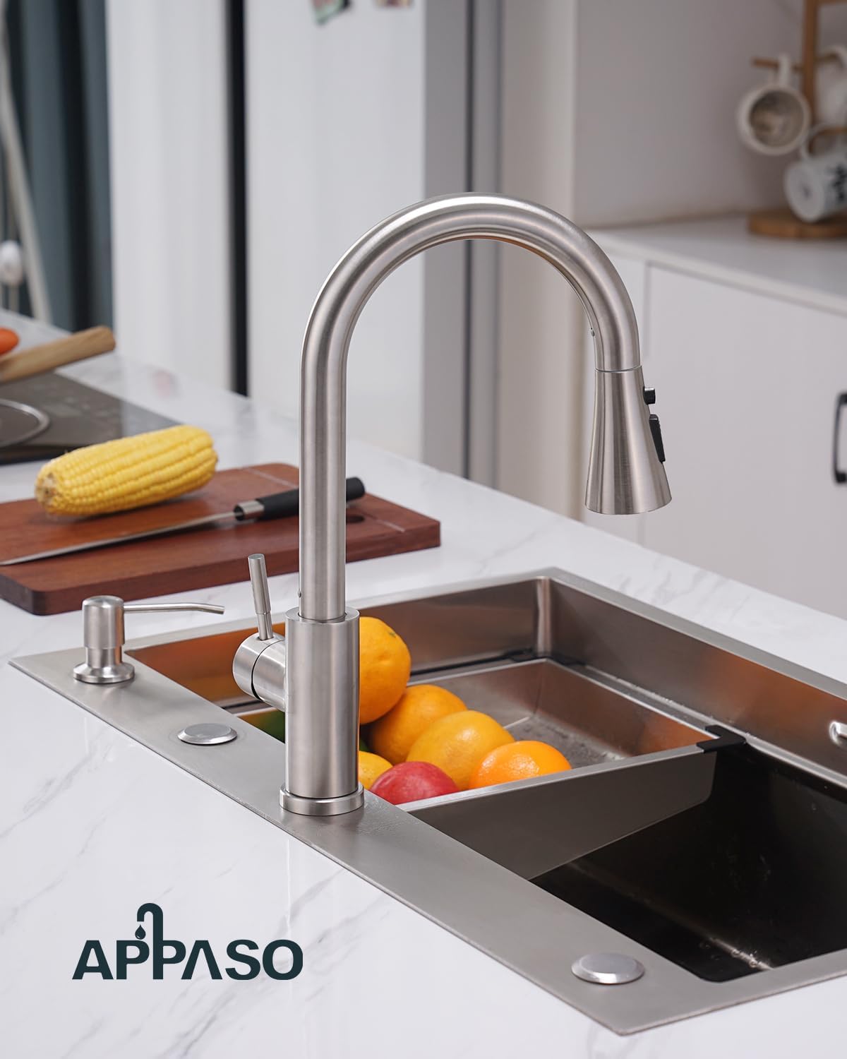 APPASO Touchless Kitchen Faucet with Motion Sensor - Hands-Free Pull Down Sprayer with 3 Modes, Soap Dispenser & ABS Spray Head - Brushed Nickel Stainless Steel for Modern Kitchens, Perfect for Busy Cooks & Families with Kids
