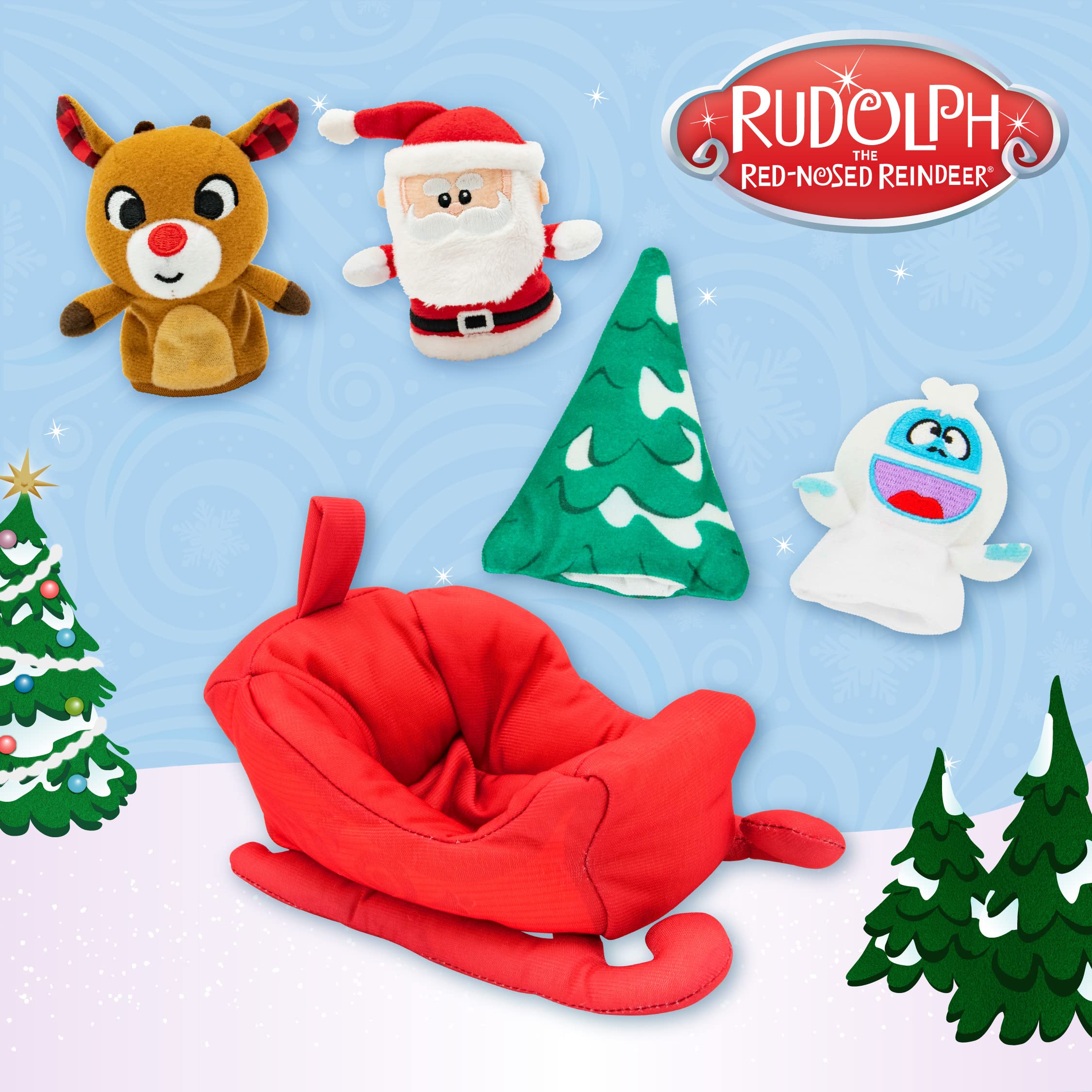 KIDS PREFERRED Christmas Rudolph The Red-Nosed Reindeer Finger Puppet Playset with Sleigh - 5 Piece Holiday Plush Toy Set for Toddlers (23133) | Fun Christmas Party Favors & Interactive Storytime Toys for Kids