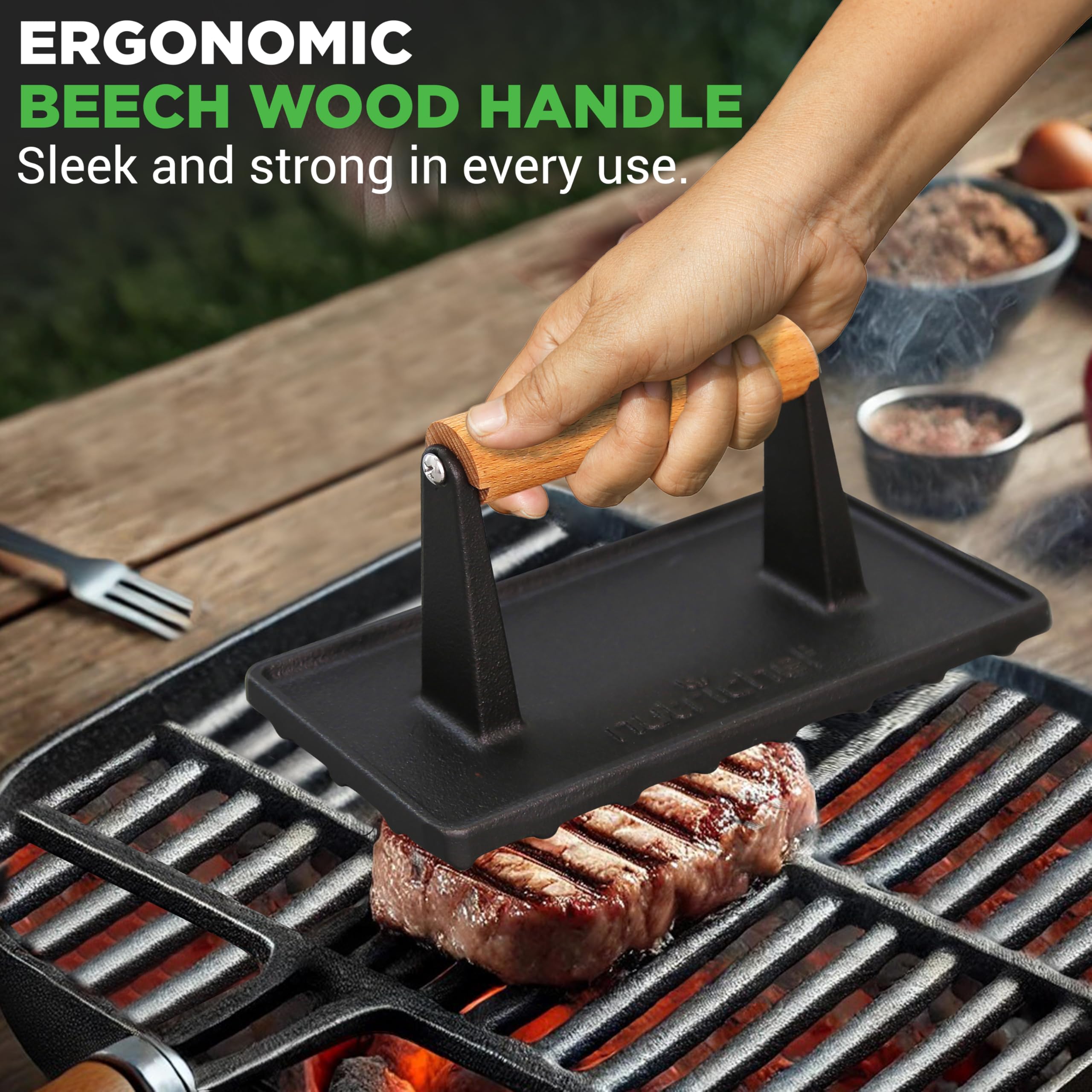 Nutrichef Heavy-Duty Cast Iron Grill Press with Wooden Handle - Perfect for Steaks, Burgers, Bacon & Quesadillas - Speeds Cooking & Creates Beautiful Grill Marks - Ideal for BBQ, Camping & Indoor Grilling