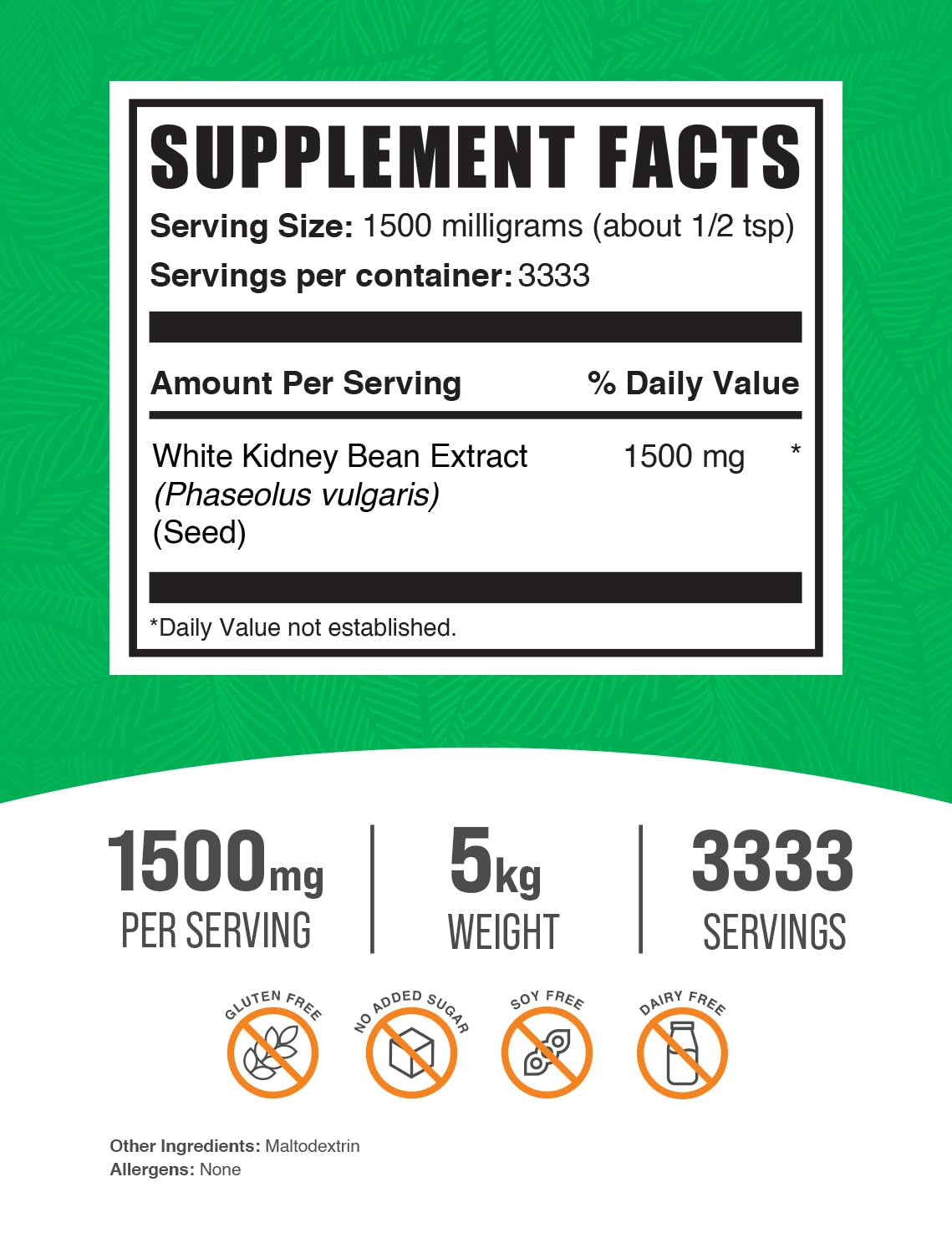 BulkSupplements White Kidney Bean Extract Powder - 1500mg per Serving, Gluten Free, Digestive Support & Protein Source - 5kg (11 lbs) Bulk Pack - Ideal for Smoothies, Baking & Weight Management