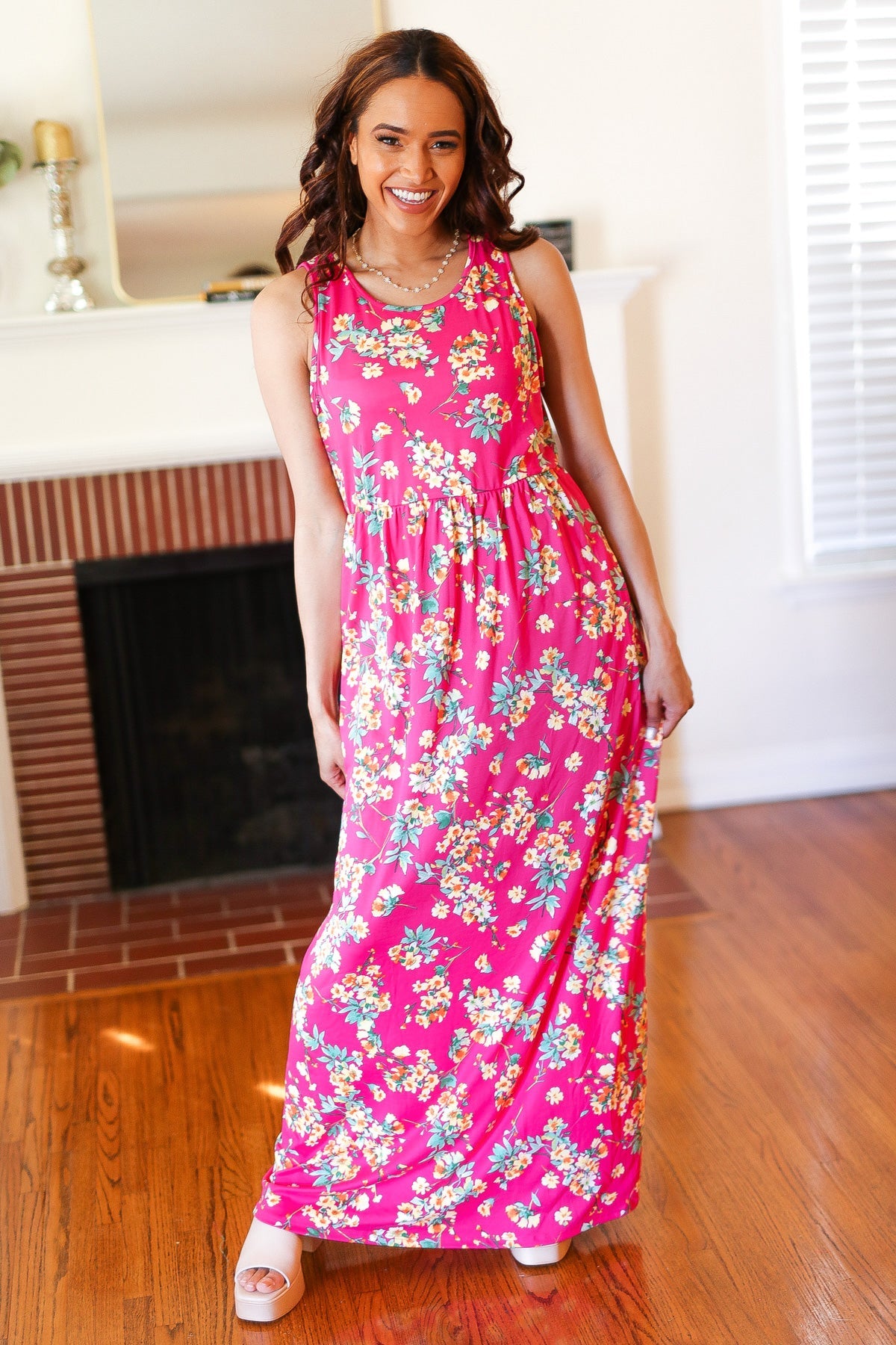 Elegant Pink Floral Print Fit and Flare Sleeveless Maxi Dress for Women | Summer Beach Wedding Party Dress | Perfect for Vacations, Date Nights & Special Occasions
