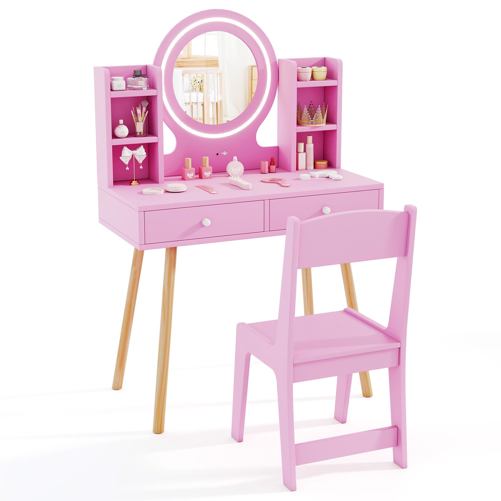 HONEY JOY Kids Vanity Set with Mirror, Stool & Lights - Pink Toddler Makeup Dressing Table with Storage Drawers & Shelves - Pretend Play Vanity for Girls - Perfect for Bedroom Decor, Birthday Gifts & Role Play Activities