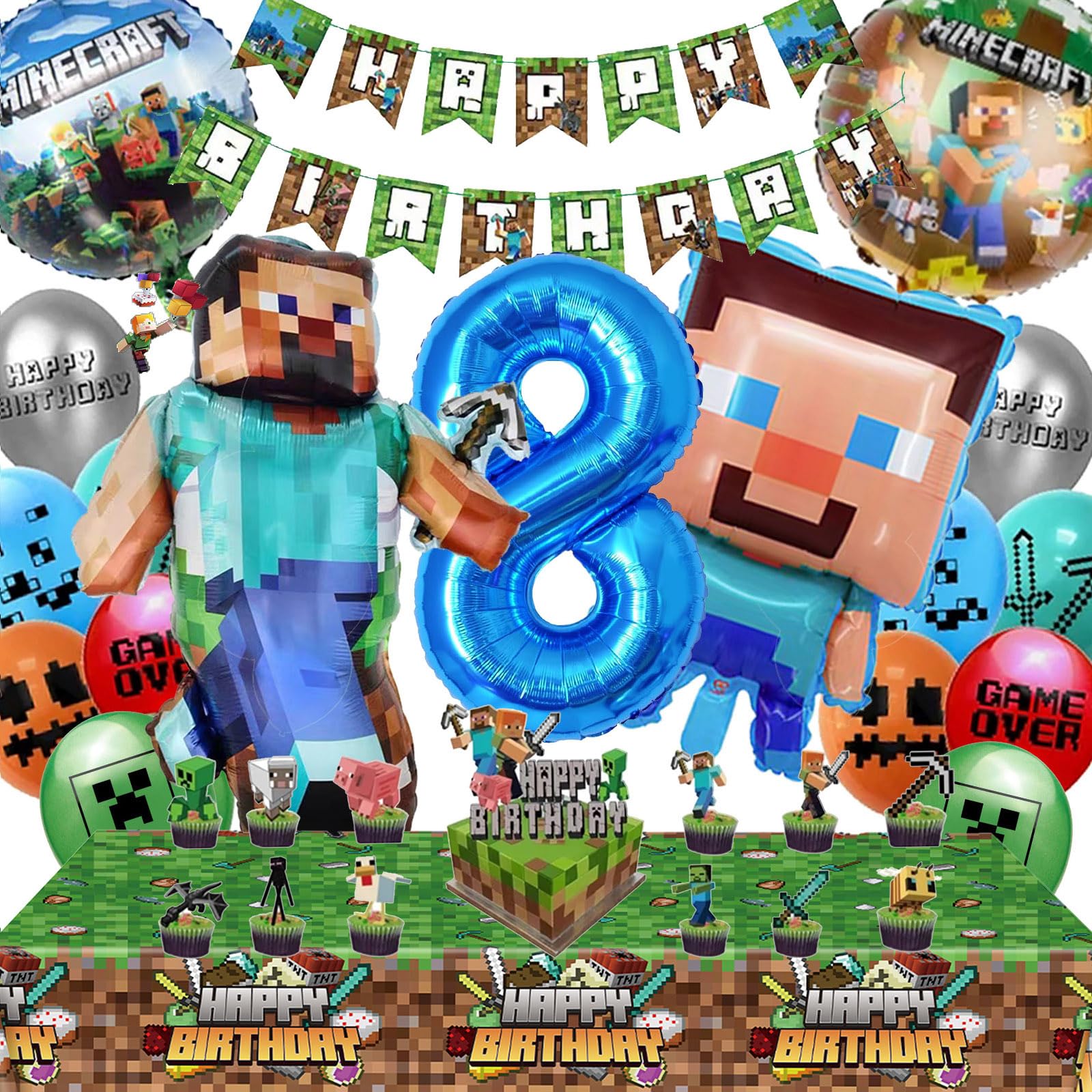 Best Minecraft Birthday Decorations for 8 Year Old Girls - Themed Balloons, Garland & Cake Topper Set - Perfect for Gamer Parties, Miner-Themed Celebrations & Kids' Birthday Decor