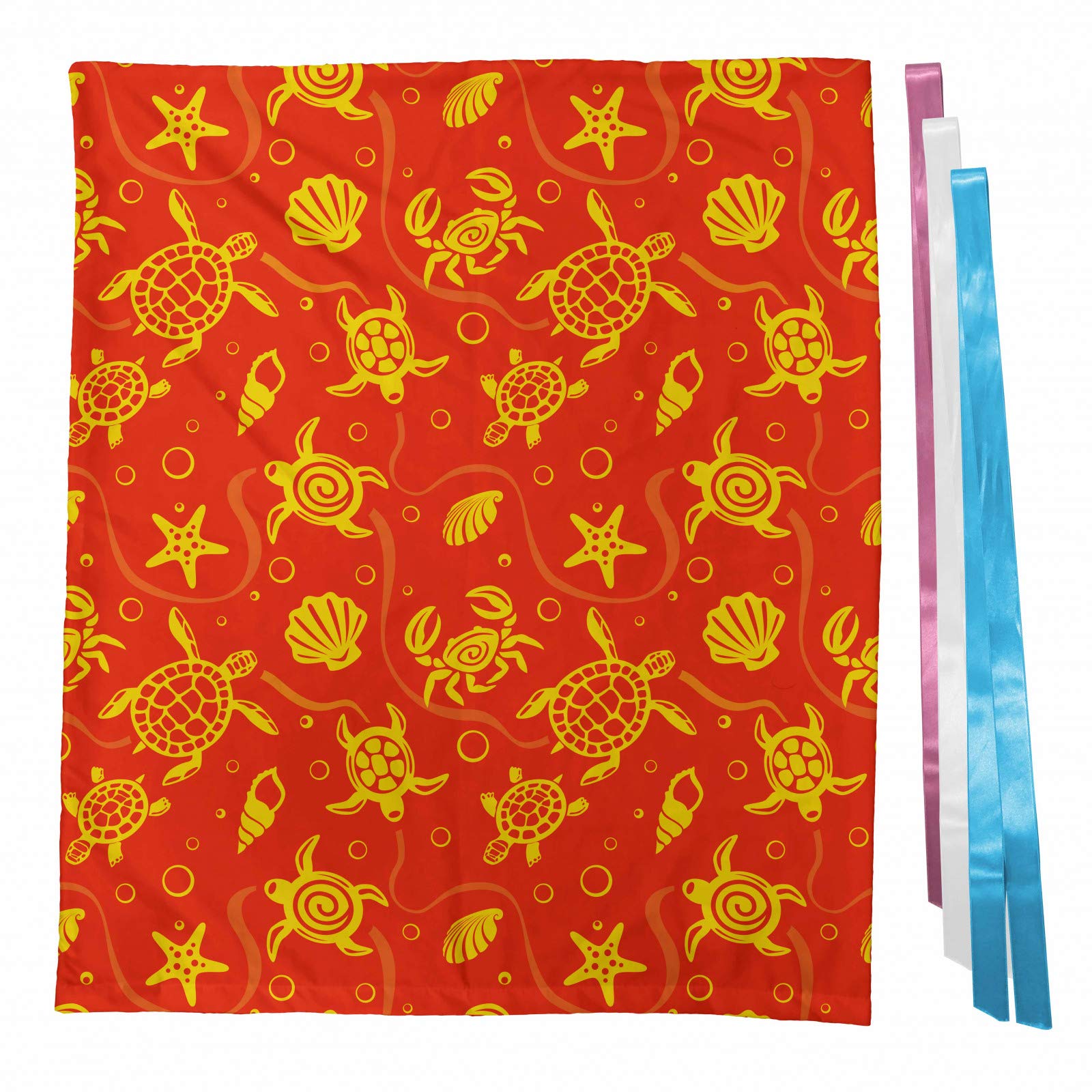 Ambesonne Orange Fabric Gift Bag with Swimming Turtles, Crabs, Seashells & Starfish Tropical Design - Burnt Orange & Yellow Present Sack for Parties, Birthdays (Includes 3 Ribbons, 27