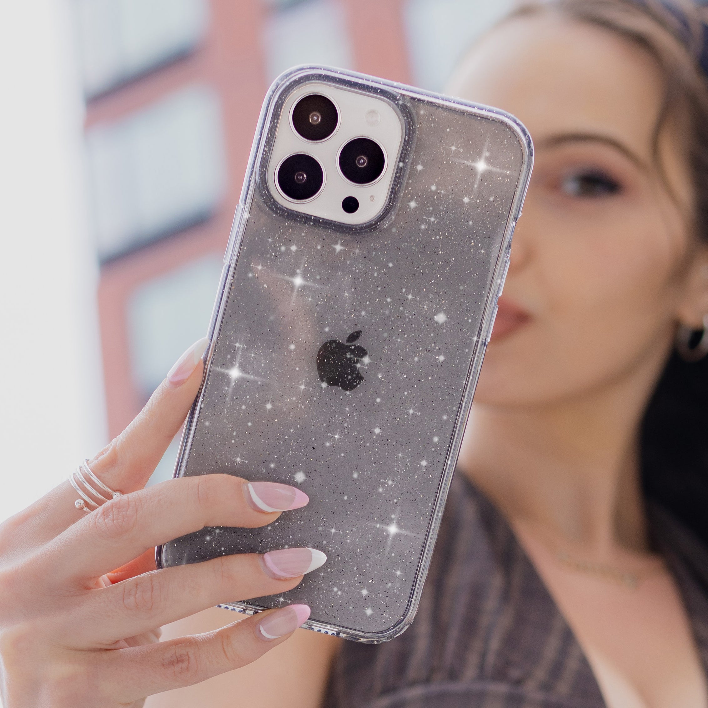 Sparkly Grey Stardust Glitter iPhone Case - Protective Slim Fit Cover for iPhone 13/14/15 Pro Max - Stylish Glittery Phone Case for Women Girls (Perfect for Parties, Night Out & Everyday Use)