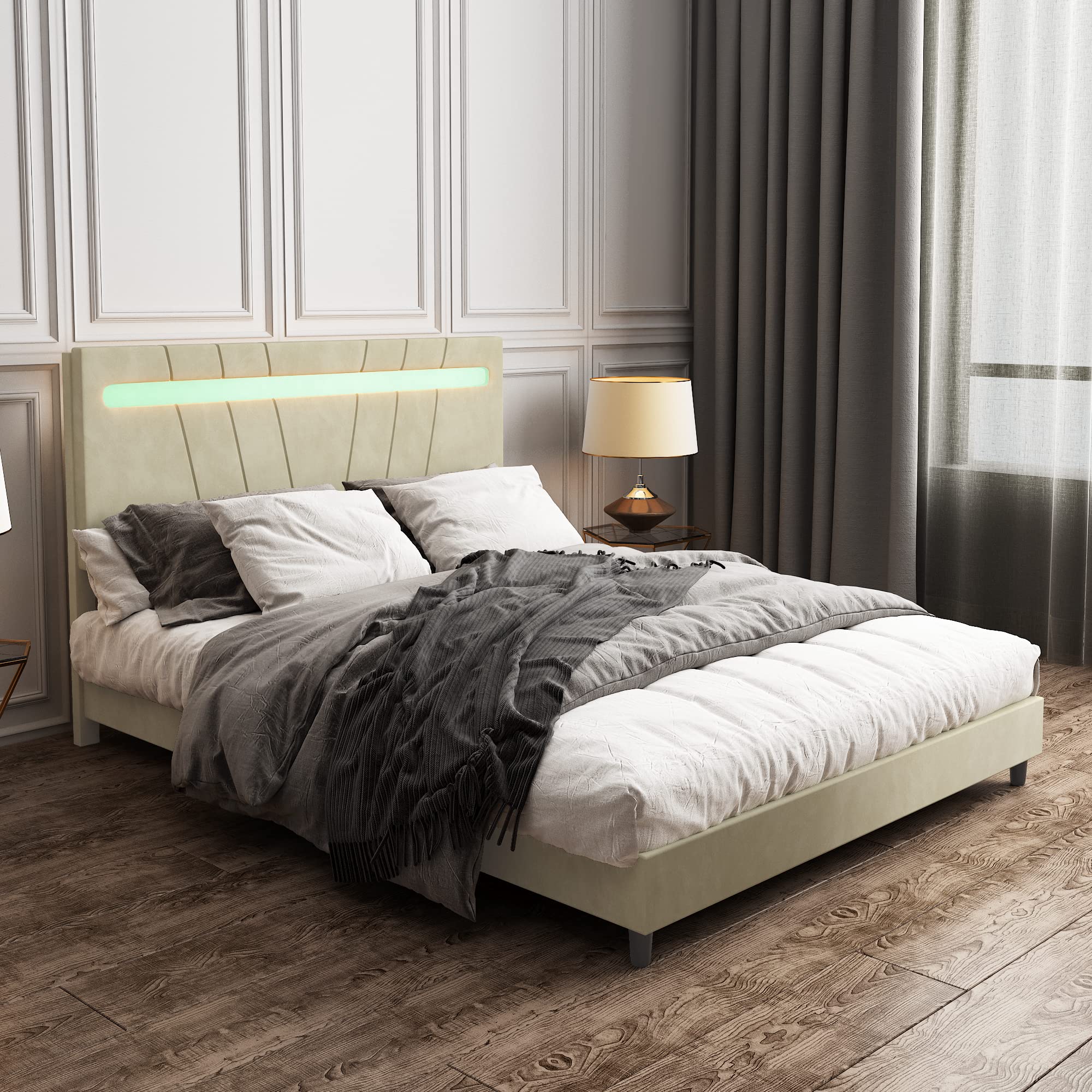 Queen Size Bed Frame with LED Lights - Velvet Upholstered Platform Bed with Adjustable LED Bedside Lamps & Solid Wood Slats Support, Beige - Perfect for Modern Bedrooms, Guest Rooms & Dorm Decor