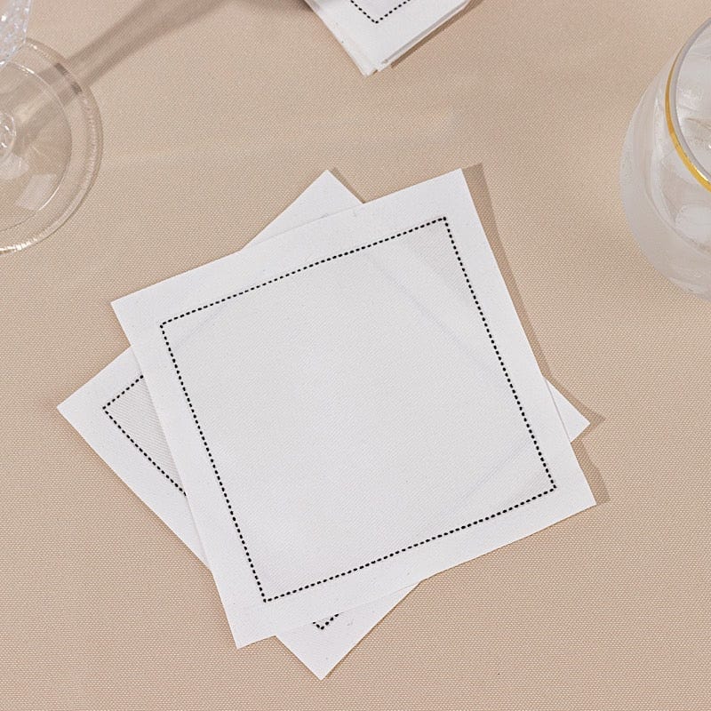50 Premium Cotton Cocktail Napkins with Elegant Black Hemstitched Border - Perfect for Weddings, Parties & Formal Dining - White Set of 50