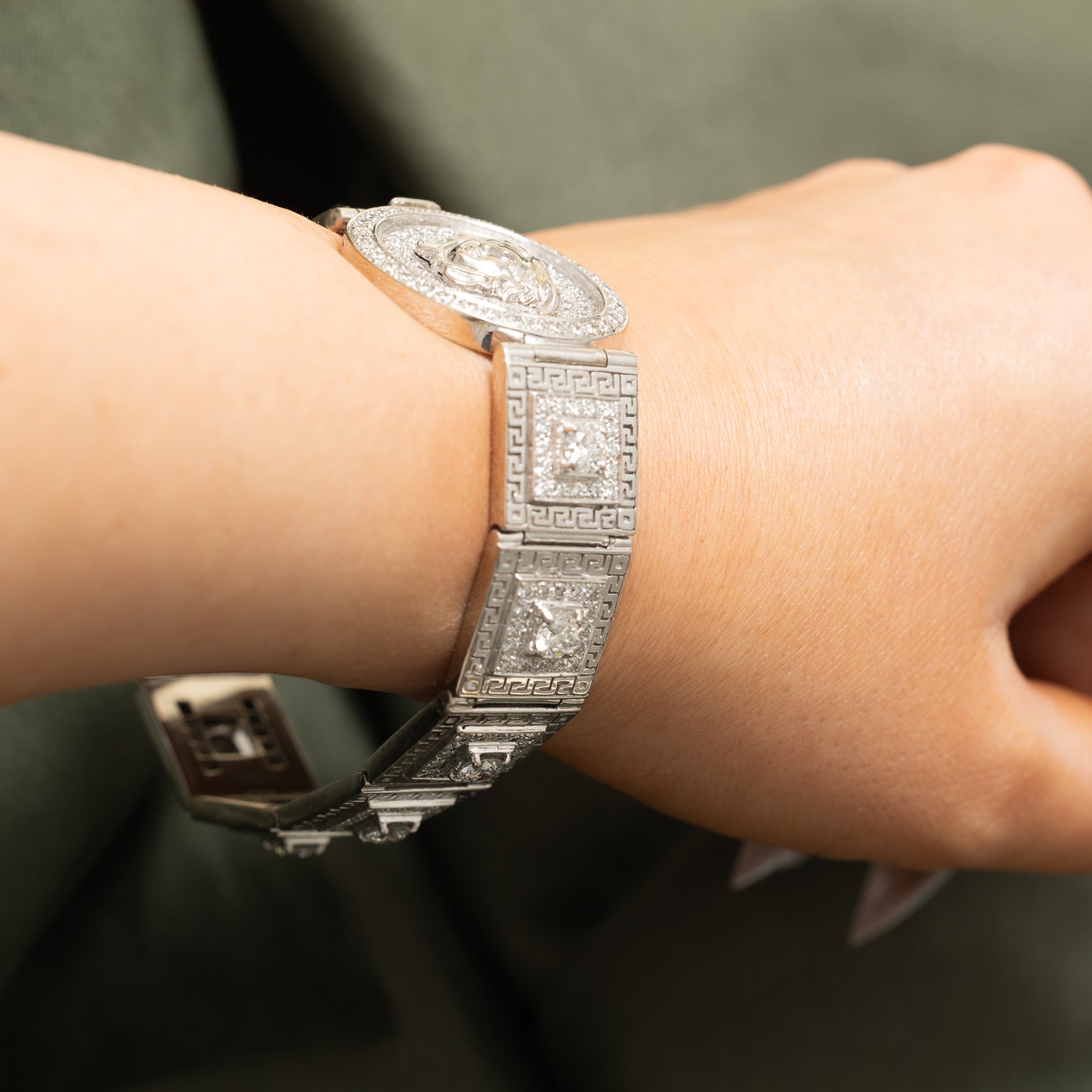 Italian Medusa 18k White Gold Diamond Square Link Bracelet | 4ctw. 2.8ctw | 8 Inches | Luxury Jewelry Gift for Women | Perfect for Weddings, Anniversaries & Special Occasions