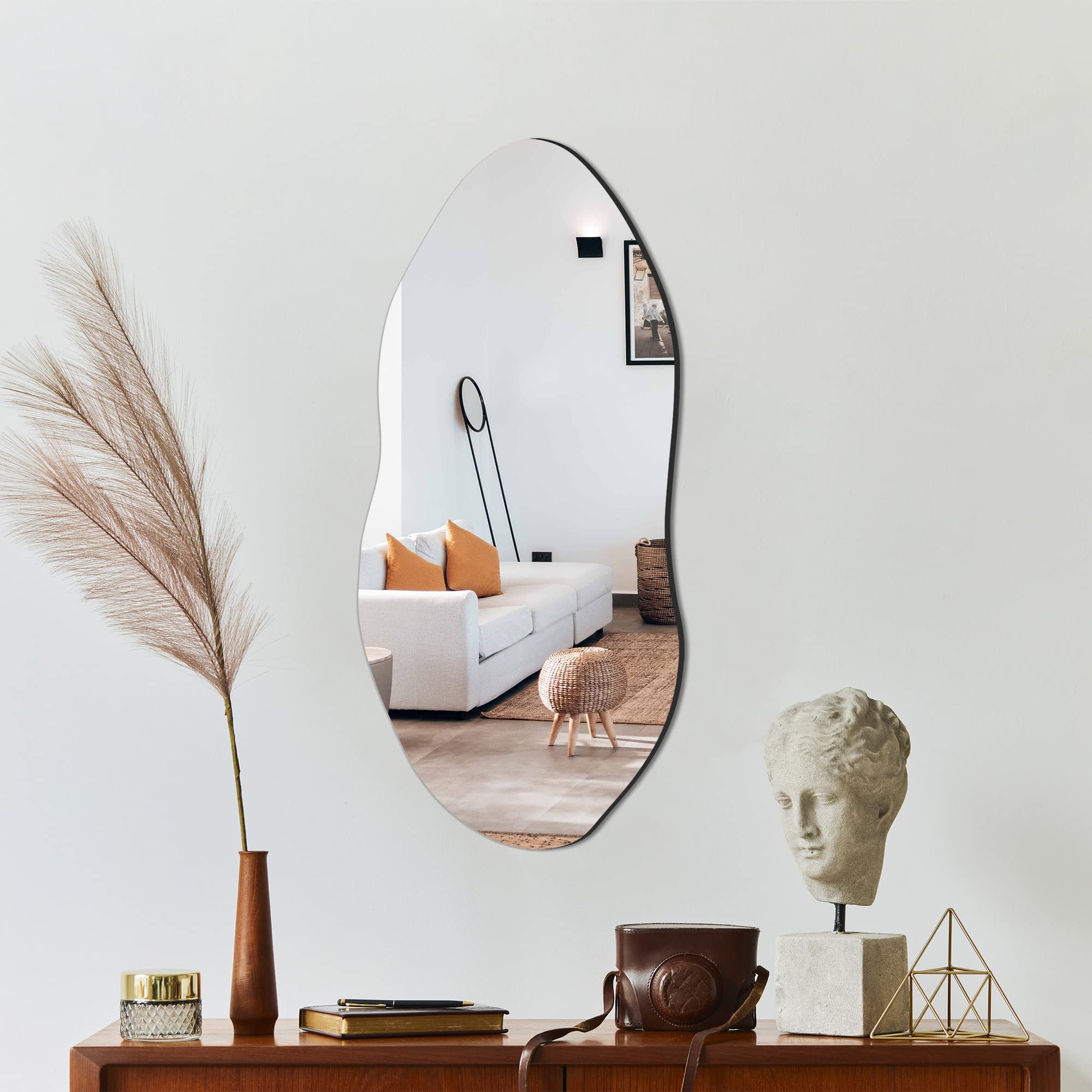 Delma Irregular Cloud-Shaped Wall Mirror - Modern Asymmetrical Frameless Design for Entryway, Bedroom & Living Room Decor | Unique Aesthetic Mirror with Hanging Hooks for Boho, Farmhouse & Contemporary Home Styles
