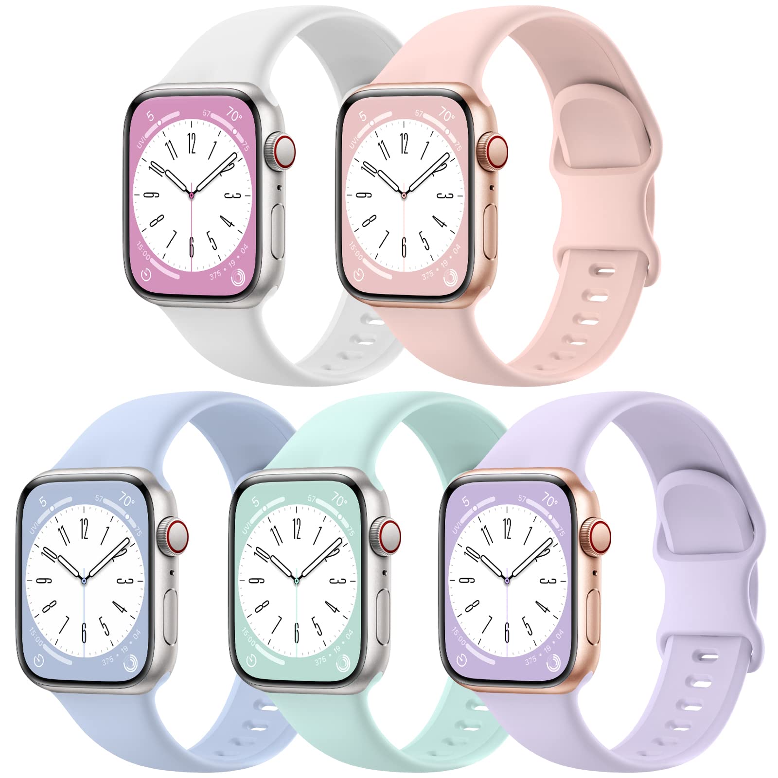 5-Pack Soft Silicone Sport Bands for Apple Watch Series Ultra/SE/8/7/6/5/4/3/2/1 - Compatible with 38mm 40mm 41mm 42mm 44mm 45mm 49mm - Breathable Replacement Wristbands for Men & Women - Perfect for Gym, Running & Daily Wear