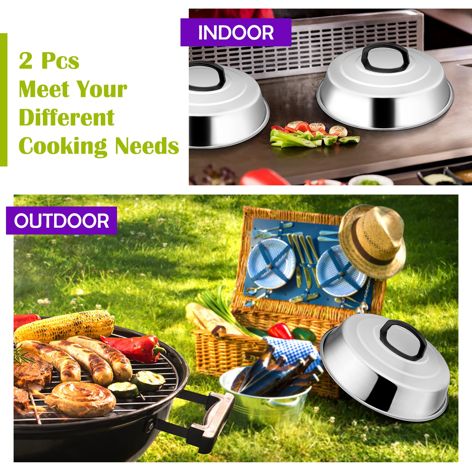 12 Inch Stainless Steel Cheese Melting Dome Set of 2 - Joyfair Basting Cover for Griddle, BBQ, Teppanyaki & Outdoor Camping - Heat-Resistant Handle & Dishwasher Safe - Perfect for Burgers, Steaks & Pancakes
