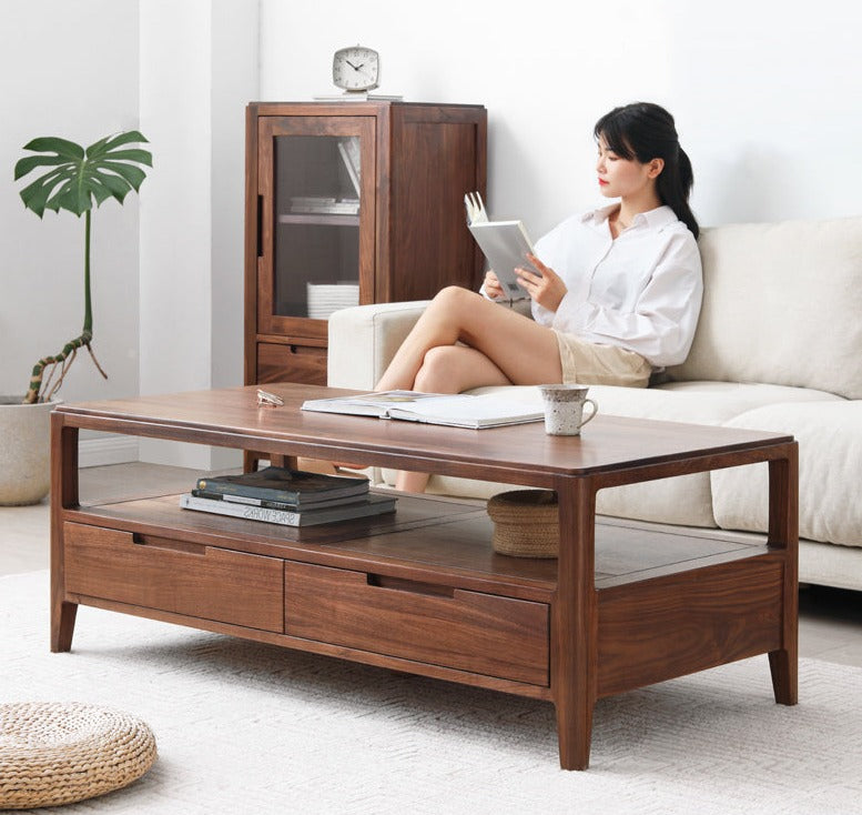 Solid Black Walnut Wood Coffee Table with 4 Drawers - Rustic Modern Living Room Furniture for Home Decor