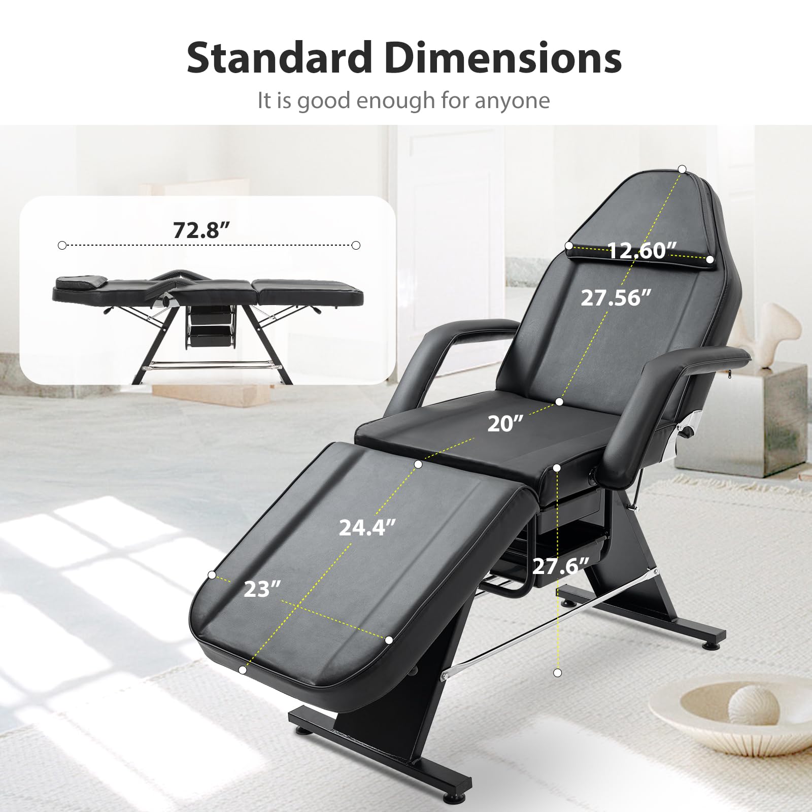 Professional Adjustable Hydraulic Esthetician Bed with 2 Trays - Folding Salon Massage Bed for Facial, Lash & Beauty Treatments - Includes Stool - Perfect for Spa, Clinic & Home Use (Black, Wide)