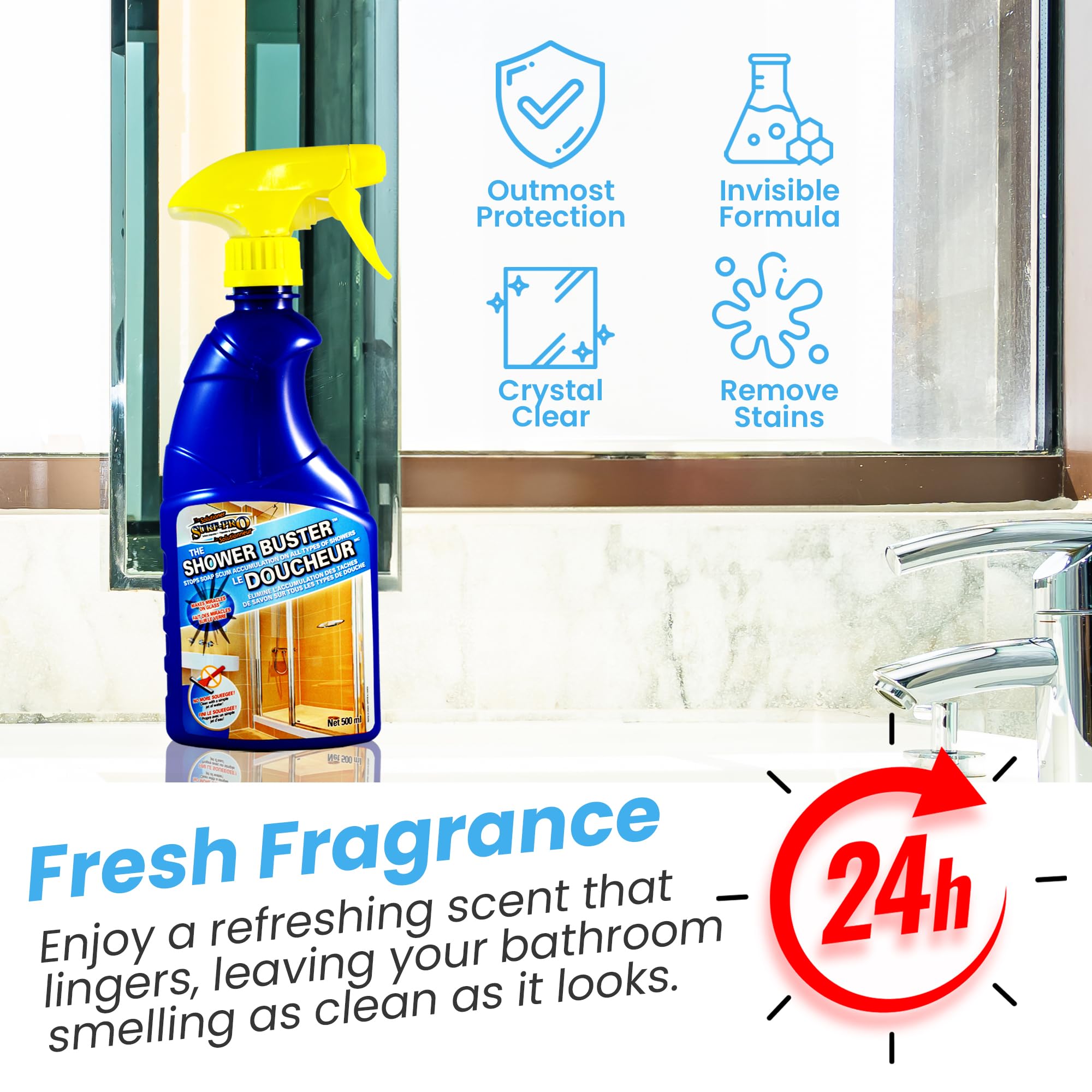 Shower Cleaner Buster Spray - Powerful Glass Shower Door Cleaner, Removes Soap Scum & Water Stains (500ml/16.9oz) - Perfect for Bathroom, Kitchen & Tile Cleaning - Ideal for Daily Use & Deep Cleaning