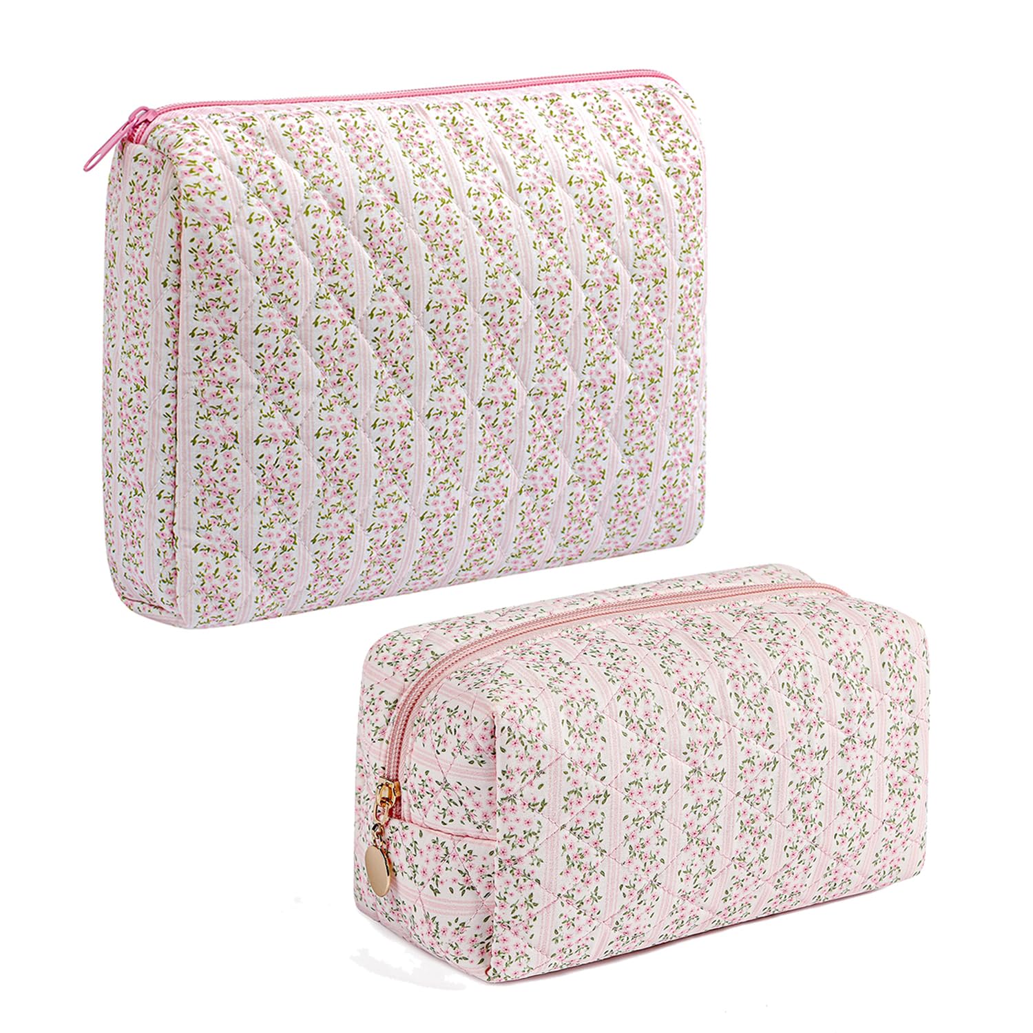 Gleyemor 2-Piece Set (Large + Small) Quilted Makeup Bag for Women - Floral Cosmetic Organizer, Travel Toiletry Bag, Cotton Tote Pouch (Pink Floral) | Perfect for Travel, Daily Makeup Storage & Gift Giving