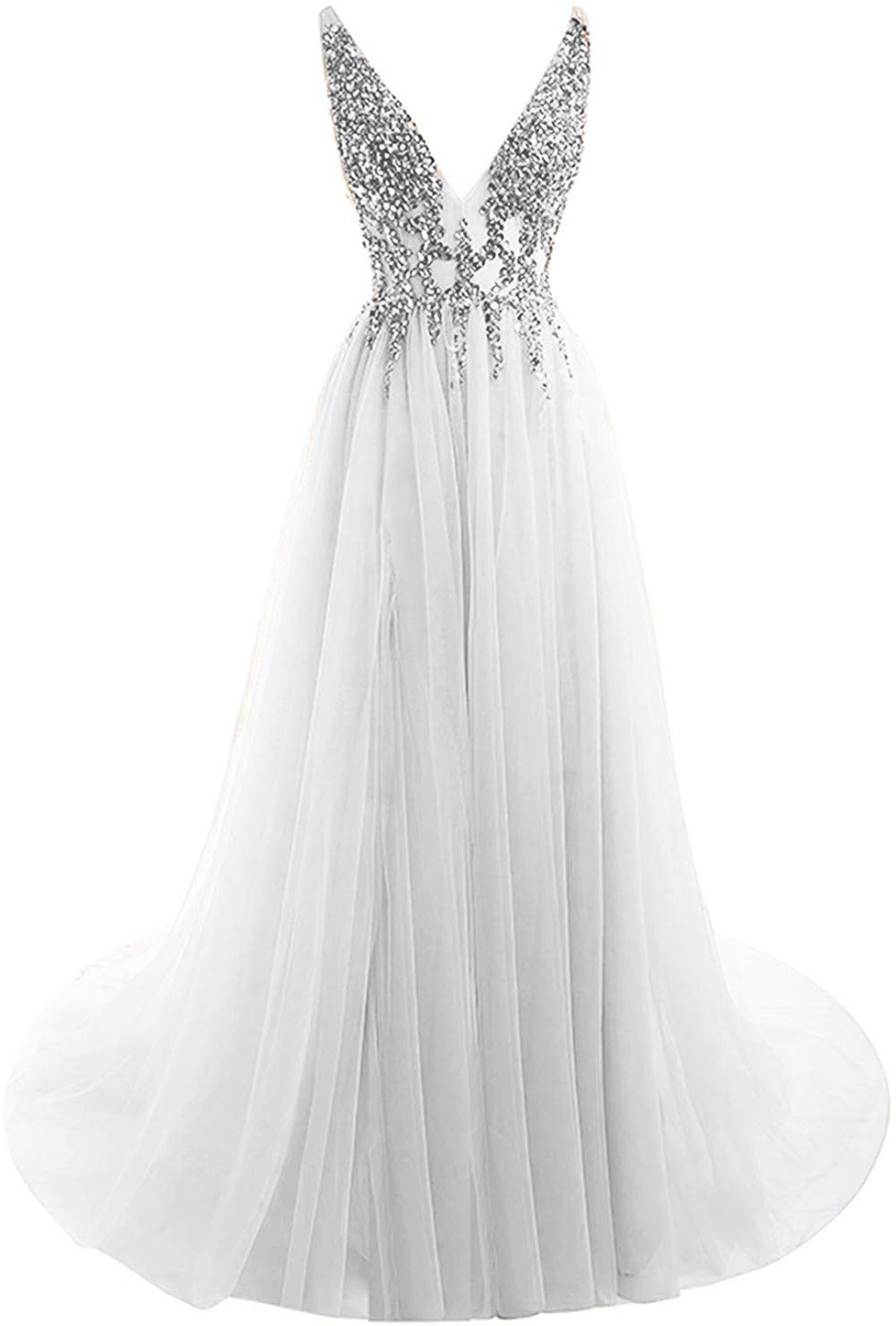 Elegant Women's Beaded V-Neck Tulle Prom Dress with Long Slit - Perfect for Evening Gowns, Formal Dances, and Special Occasions