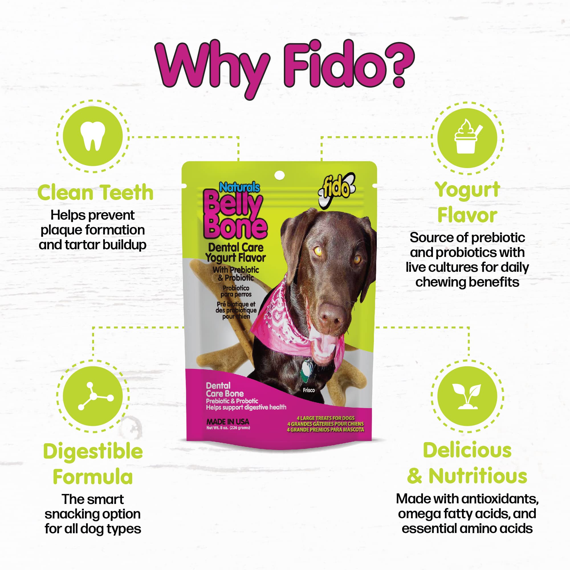 Natural Yogurt-Flavored Belly Bones for Large Dogs - Made in USA, 4 Count Dental Chews for Plaque & Tartar Control, Fresh Breath & Digestive Health - Perfect for Daily Oral Care & Training Rewards