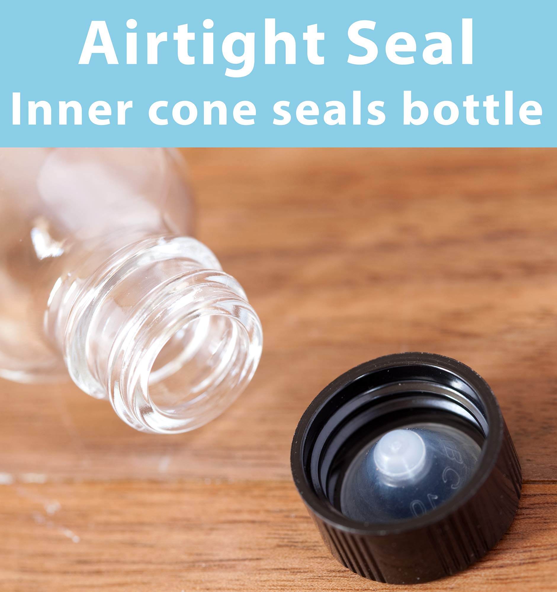 JUVITUS 1 oz / 30 ml Clear Glass Boston Round Bottles with Airtight Phenolic Caps (12 Pack) + Bonus Funnel - Perfect for Essential Oils, DIY Beauty Products, and Travel-Sized Liquids