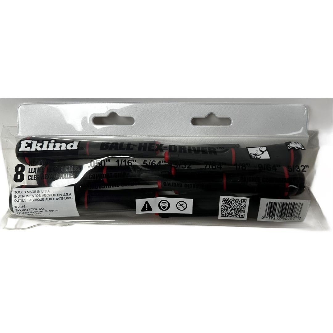 Eklind Tool 90108 Ball-Hex Allen Screwdriver Set - 8-Piece SAE Inch Sizes .050-5/32 for Precision Mechanics & DIY Home Repairs