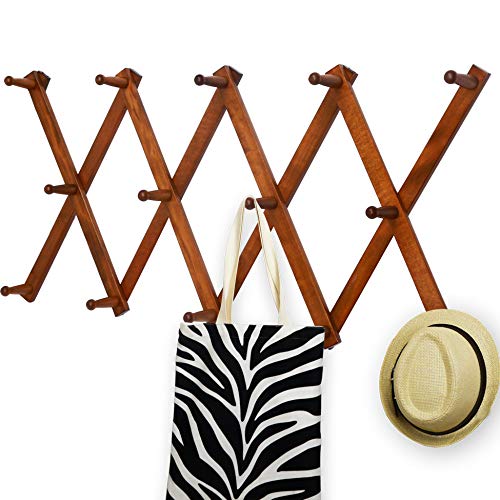 Expandable Wooden Coat Rack - 14 Peg Hooks for Hats & Caps - Rustic Brown Wall Organizer for Home & Office