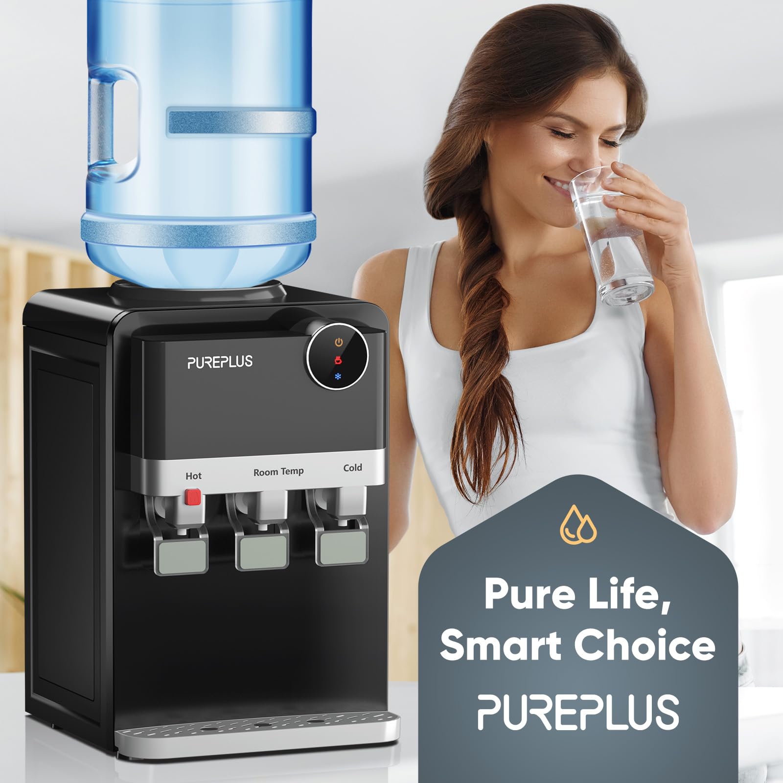 PUREPLUS Top Loading Water Cooler Dispenser with Hot & Cold Water - 3 Temperature Settings, Child Safety Lock for Home & Office - Countertop Water Fountain for 3/5 Gallon Bottles, Removable Drip Tray - Perfect for Kitchen, Break Room, Dorm & Office Hydration