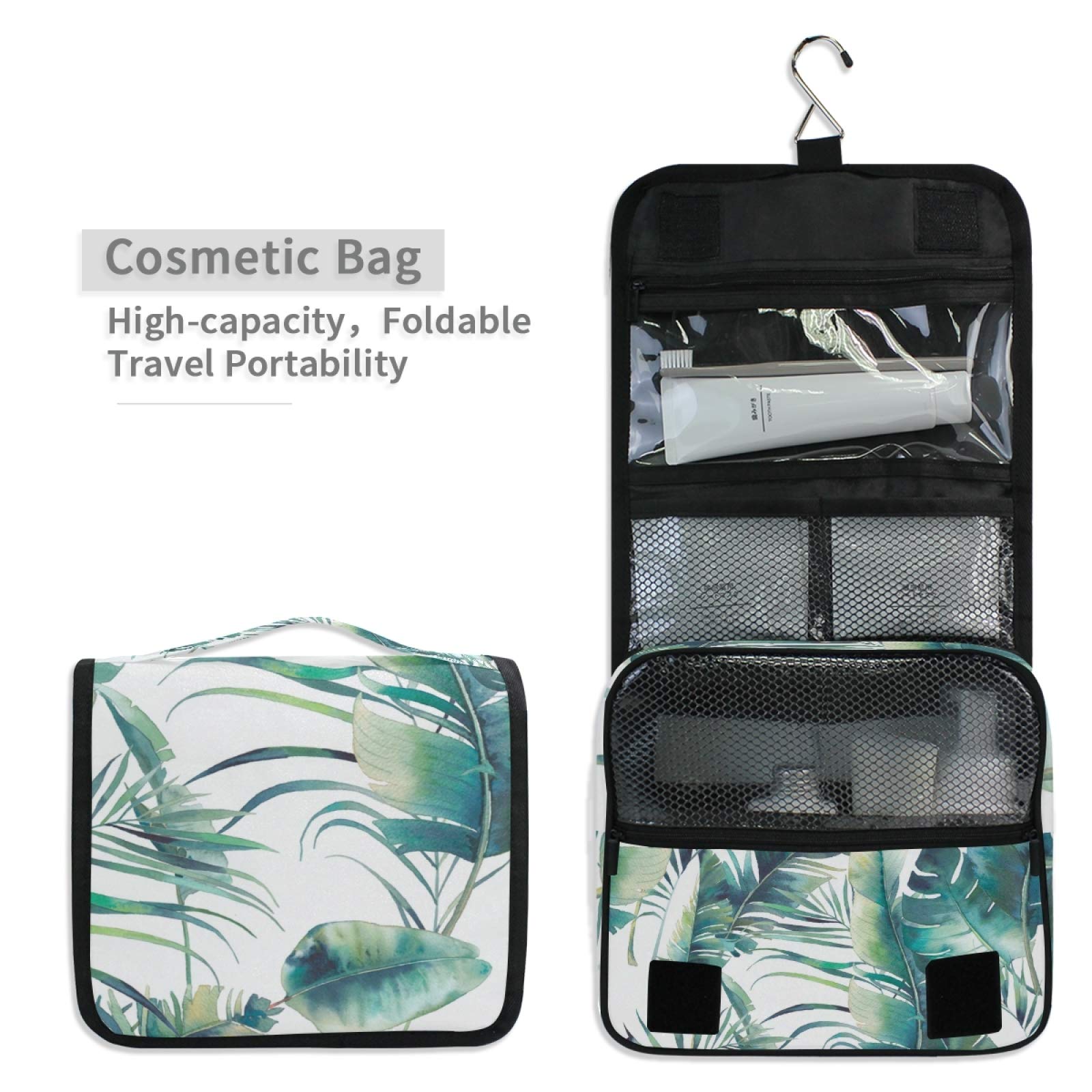 Waterproof Hanging Toiletry Bag with Tropical Palm & Banana Leaf Design - Large Travel Cosmetic Organizer for Makeup, Toiletries & Accessories - Perfect for Beach Vacations, Camping Trips & Gym Use - Great Gift for Men & Women